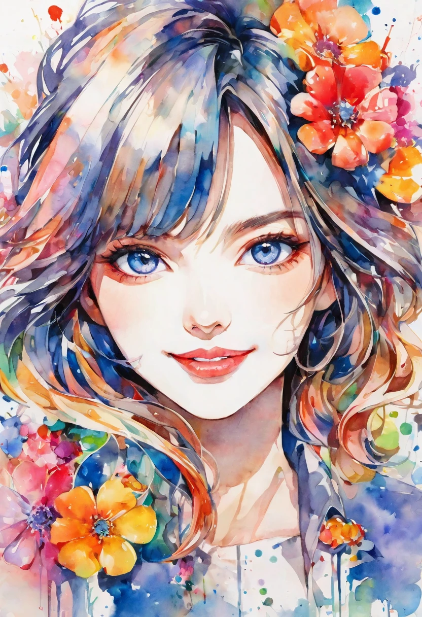 beautiful woman portrait, cute smile, Sylvia Pelissero watercolors, colorful flowers, beautiful eyes,  upper body, abstract art, intense watercolor, watercolor detailed art, watercolor splash, surreal, avant-garde pop art, Beautiful and expressive paintings, Beautiful artwork illustration, very colorful tones, wonderful, cool beauty, highest quality, official art, women only, sharp outline, best shot, vector art, lips in love、 (((The strongest beautiful women of all time))), (((Japanese)))、clear, (((highest quality))), lips in love, HDR, ((Detailed details)), stylish fashion, detailed clothing texture, (((graffiti art))), colorful hair, ((masterpiece))、((Super detailed))