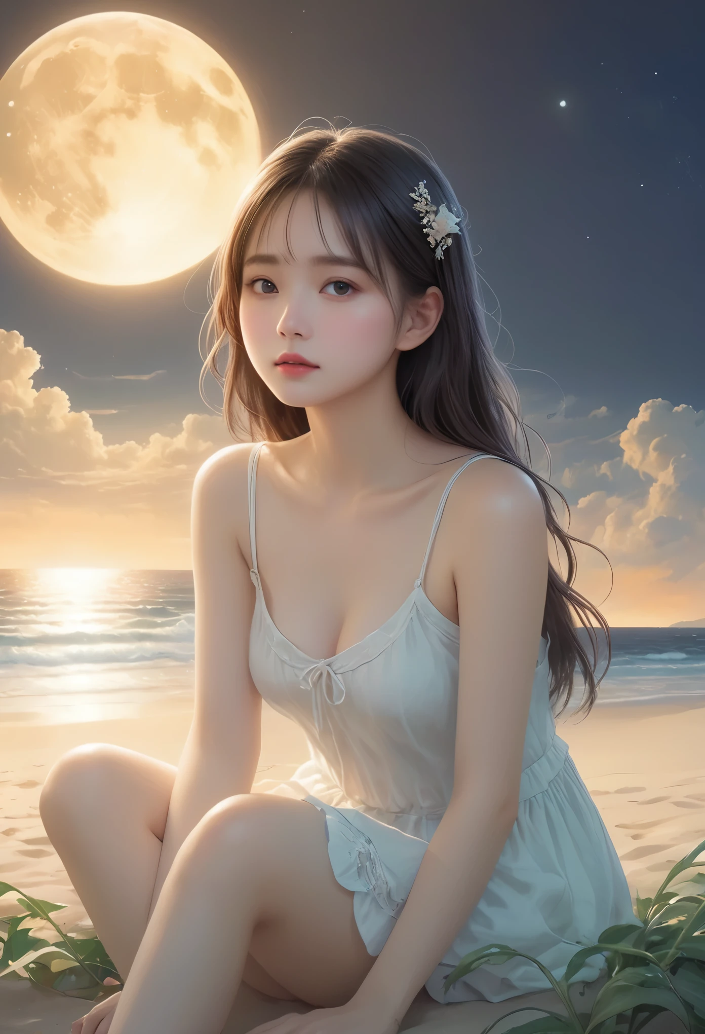(A masterpiece of the highest quality:1.2)、Very detailed illustrations,Perfectly shows the girl in the doomsday beach scenery。In the silence of the night、There is an atmosphere that is both sad and hopeful.。 That girl sits on the soft vegetation of the sandy beach、A figure appeared in the cloudy sky。That girl'Unspecified clothing.、Her figure、it'Such exquisite rendering,Make every crease and texture clearly visible.。Her hair flutters in the wind、Low light image of fair skinned legs with lotion applied in HDR landscape