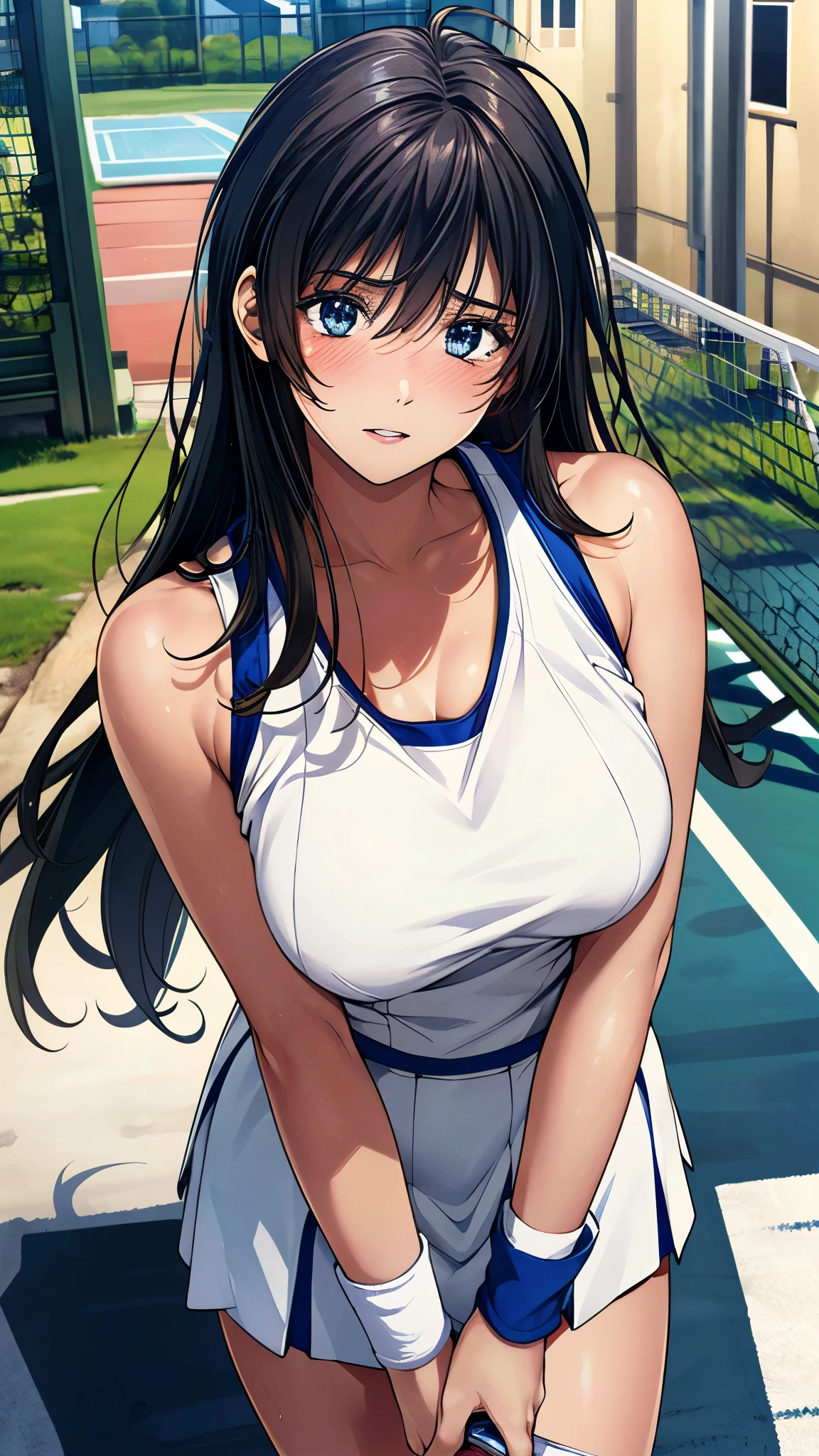 (masterpiece:1.2, top-quality, ultra high res, ultra detailed), (realistic, photorealistic:1.2), beautiful illustration, perfect lighting, natural lighting, colorful, depth of fields, nsfw, vulgality, 
beautiful detailed hair, extremely detailed face, beautiful detailed eyes, beautiful clavicle, beautiful body, beautiful chest, beautiful thigh, beautiful legs, beautiful fingers, 
looking at viewer, (from above), 1 girl, kitamurakaori, (perfect anatomy, anatomically correct, super detailed skin), cute and symmetrical face, 
perfect face, perfect eyes, perfect body, perfect fingers, (skindentation), white skin, shiny skin,  
(long hair, straight hair, messy hair:0.6, black hair), swept bangs, blue eyes, drooping eyes, long eyelashes, (large breasts, large hip, seductive thighs), slender, outstanding style, 
(white tennis tanktop, white tennis skirt, blue tennis wristbands), 
(beautiful scenery), evening, (street:1.2), standing, (docile, parted lips), 