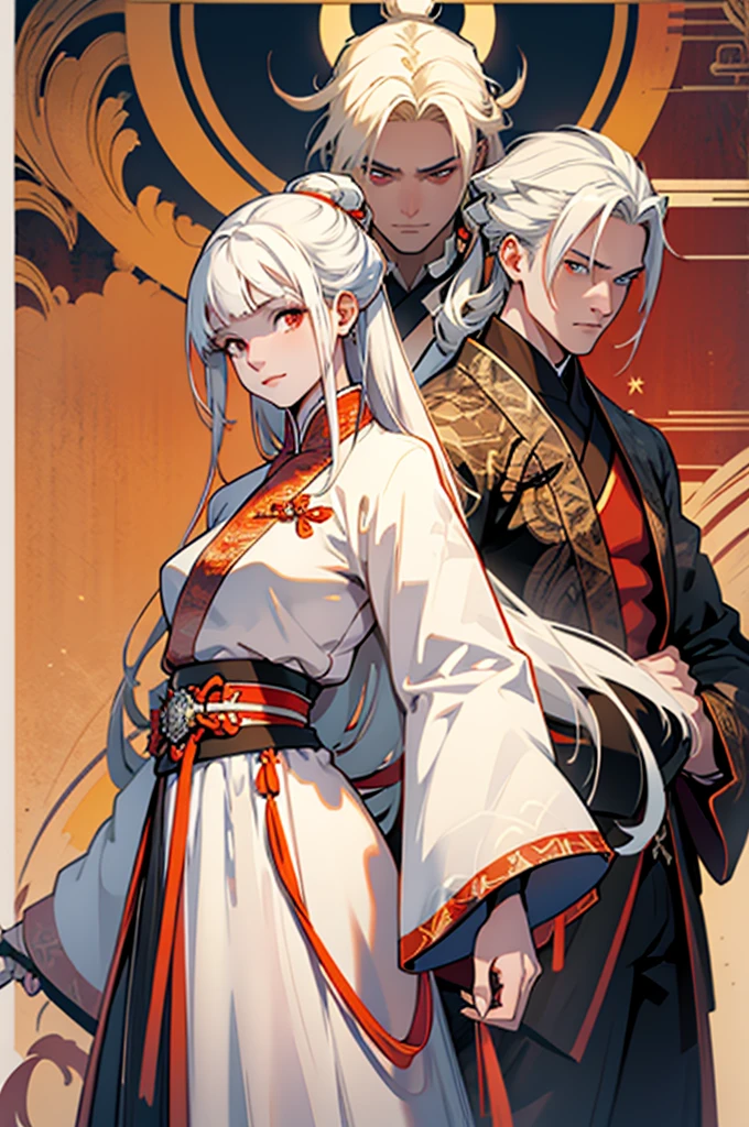 t32k, best quality, masterpiece, super detail, high details,sword pose , one girl and one boy, two characters who are friends,long white hair,long hair man, white hair young woman in white , blue and orange clothes , red eyes girl with bangs, back to back , calm expression, ancient china , flat background, Chinese pattern background, holding sword, smiling