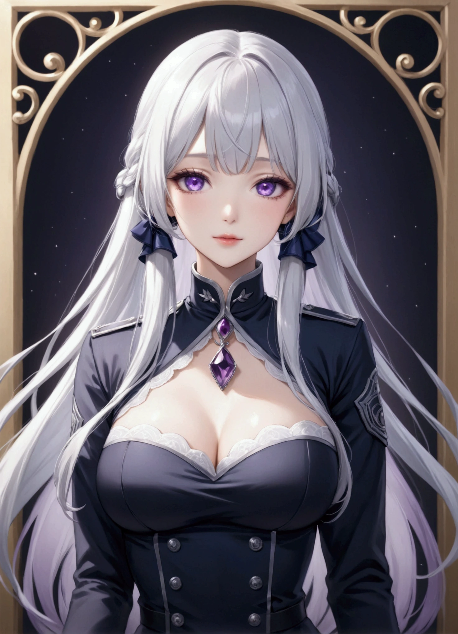 Highest quality、Delicate depiction、Beautiful woman、Silver Hair、Long Hair、Amethyst Eyes、Blue-gray military uniform、