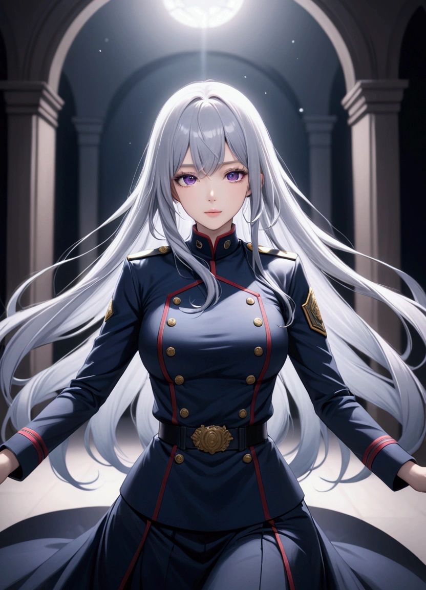 Highest quality、Delicate depiction、Beautiful woman、Silver Hair、Long Hair、Amethyst Eyes、Blue-gray military uniform、