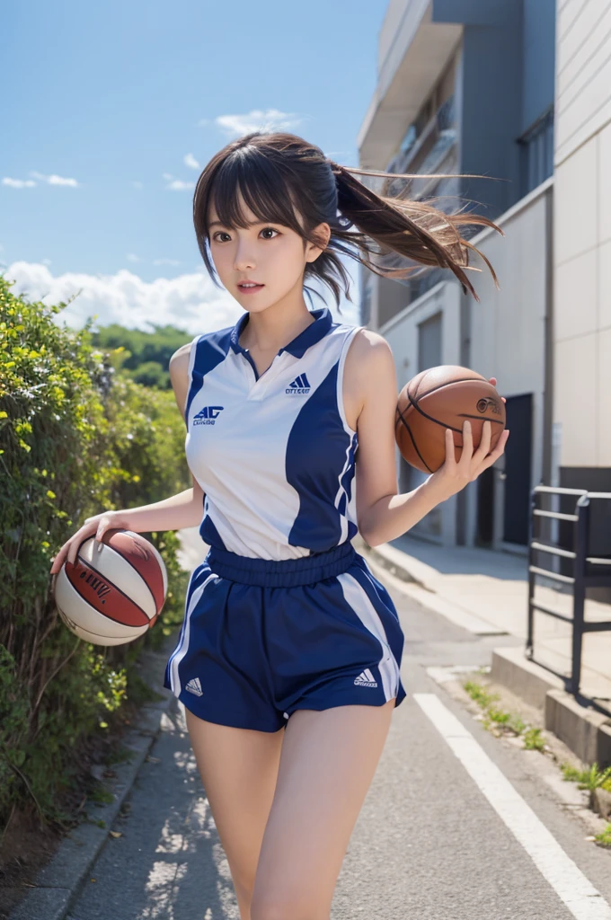 anime girl in blue uniform running with basketball ball in hand, smooth anime cg art, makoto kano, anime moe artstyle, official anime still, badass anime 8k, high detailed official artwork, hq artwork, anime style 4k,