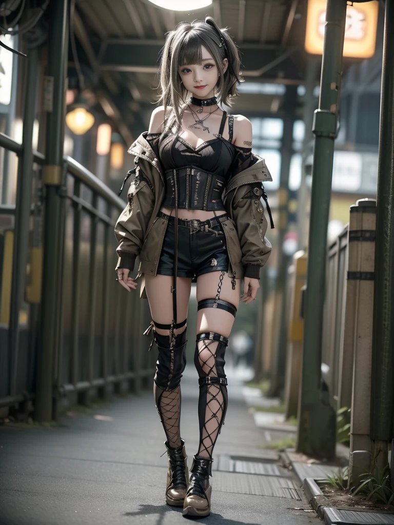 (Full Body View:1.2)、(Smiling with teeth showing:1.3),(Shibuya Gal:1.5)、(Beautiful gravure model:1.5)、(Neo-goth fashion:1.5)、(Punk RockVisual Kei:1.5)、(An off-the-shoulder hoodie in olive and brown tones, adorned with delicate silver accessories.:1.5)、(A corset with a delicate beige and brown design:1.4)、(Olive and brown snakeskin bodysuit:1.5)、(head band:1.3)、(Beige and charcoal knee socks:1.4)、Embellished collar and long boots、(I&#39;m selling snake print underwear.:1.4)、(Long eyelashes:1.3)、(20-year-old)、((Highest quality、8k、masterpiece:1.3))、1 Female、Slim and beautiful abs:1.3、(hairstyle casual、Beautiful boobs:1.1)、(Doing an aerobics pose:1.3)、dress:1.1、Super small face、Narrow eyes、double eyelid、A sloppy smile、Esbian all over body、Dynamic Angle、Close-up、CPL Filter、Blurred Background、Bokeh、Blue Hour、Detailed face and skin texture、Detailed eyes、,(Twin tails:1.3)、(Black brown hair:1.3)、Gravure idol、(The background is a bright and glamorous fashion show stage.:1.3)、(Make your legs thinner:1.4)、(Slim Body:1.3)、(clavicle:1.1)
