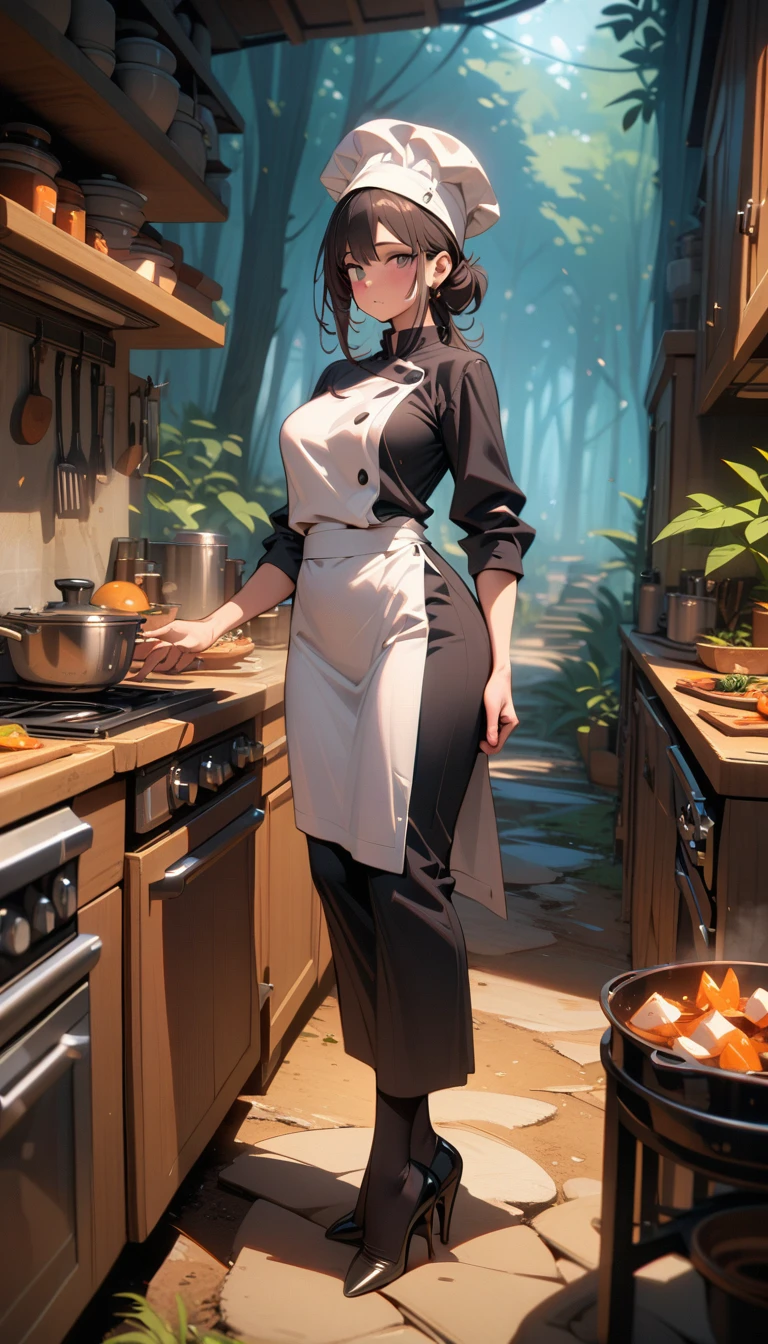 ((best quality)) , ((masterpiece)) , (detailed)，1 female，(((Forest Ice)))，kitchen，Female chef，High heel，((whole body))