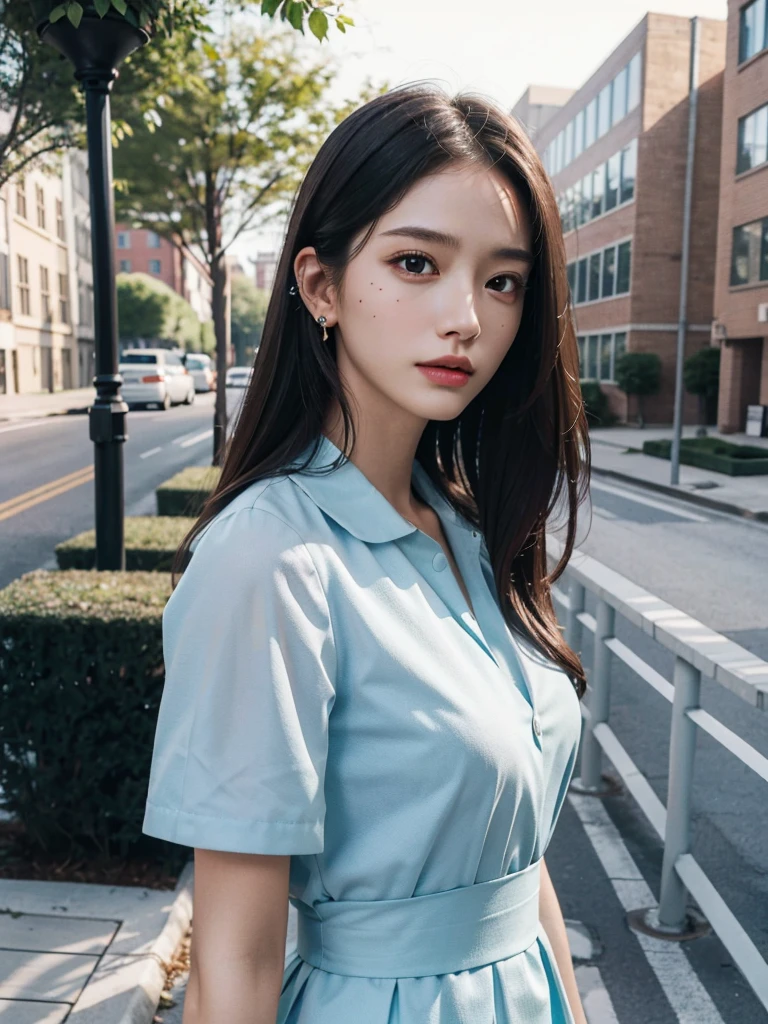 absurdres, RAW photo, extremely delicate and beautiful, masterpiece, Best Quality, ultra high resolution, 32k, hyperrealistic, ultra-detailed, perfect anatomy, anatomically correct, perfect figure, Perfect Style, Perfect balance, super Detailed skin, in her 30s, very Slim body, narrow waist, very small head, very small face, delicate facial features, handsome detailed woman, very detailed eyes and face, realistic face proportions, Realistic beautiful face, Realistic beautiful eyes, tearful mole, earring, huge round tits, whole body shot, medium hair, outdoor, hospital, (school_uniform:1.2),
