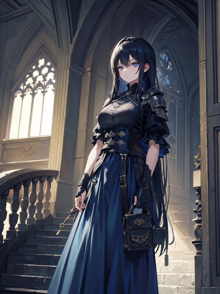 photo, 8k, The focus is clearly on the main character., Blurred background Asian woman 140 cm. Standing on the third step of the stairs, his posture steady, his weapon pointed forward, his face sharp and his eyes determined. Long black hair blows in the wind. Hold the crossbow in ready-to-shoot position. The light armor glimmered in light. Ancient European building, Gothic style. Zombies stagger in front of the house. Moonlight shines Create shadows and dimensions in dark tones, blue, grey, black.
