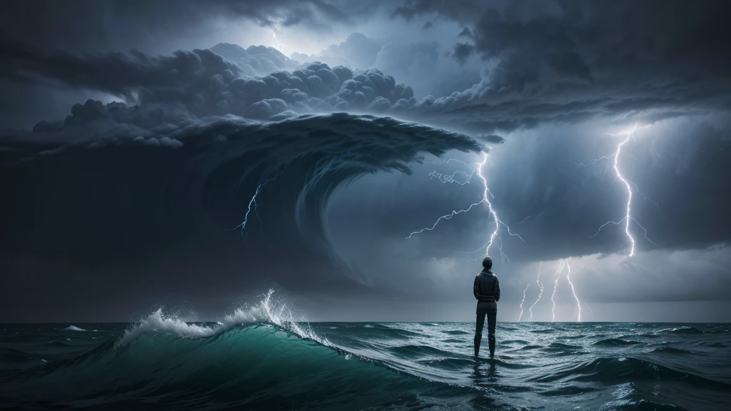 "A person standing up with determination in the midst of a storm, with a background of lightning and turbulent waves, symbolizing the discovery of inner strength."