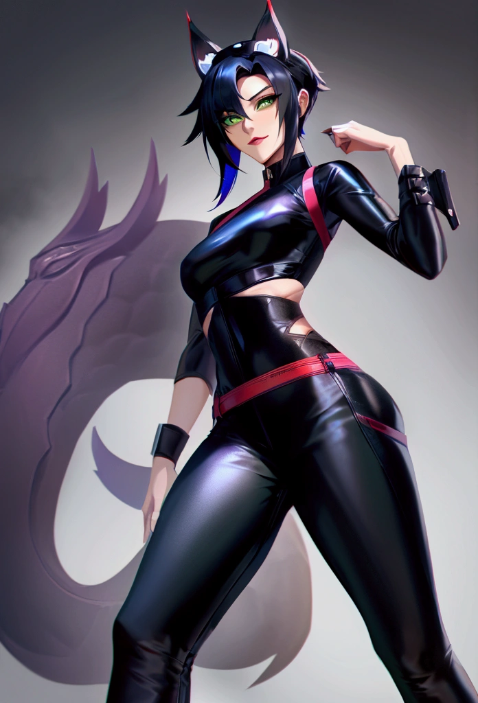 "Draw a character named Jinxi. She is a 25-year-old female with a slim and athletic build. She has long, straight black hair, almond-shaped green eyes, and a fair complexion. Jinxi wears a stylish, modern outfit consisting of a fitted leather jacket, black jeans, and combat boots. She carries a katana on her back and has a confident, determined expression. She also has a small dragon tattoo on her right arm."

