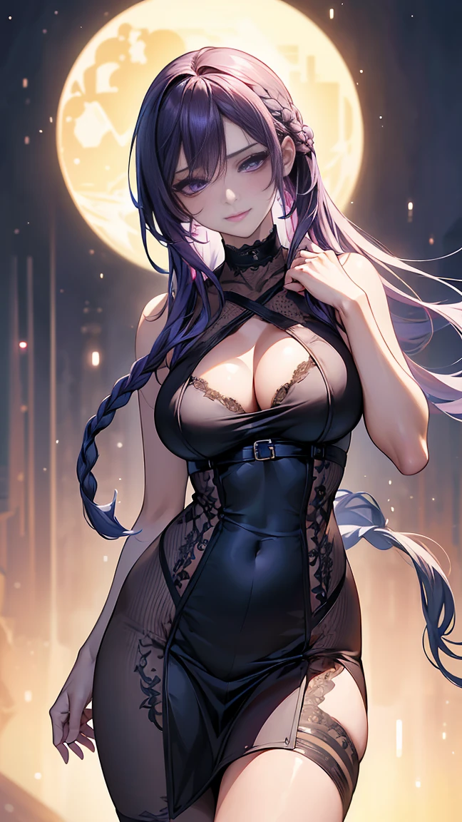 (Browsing Caution:1.2), (8k, RAW Photos, Best image quality, masterpiece: 1.4), (非常に精細なCG Unity 8k壁紙, Highest quality, High resolution: 1.2), (Ultra_Familiar, 超High resolution: 1.2), super highly Familiar, (Realistic, Realistic: 1.48), 1 girl, Focus Only,(Braiding:1.5), Side Lock, bangs, ((Deep purple eyes:1.4, Round eyes, Beautiful eyelashes)), Clear Eyes,Large ,Shiny Hair, beautiful Familiar cold face,Captivating smile, Beautiful and delicate eyes with exquisite detail,Extremely accurate details,Skin dents,Outdoor,Perfect Face,Perfect body, Beautiful Eyes, Beautiful Face,choker,dress dress sexy come perforated bodycon dress dress bodycon cosplay sexy bodycdress open hip dress inner harness dress sleeveless dress mini ,形の良いLarge Breasts, Beaureasts, blue eyes. uge. Smiling slim body,, Thin limbs,