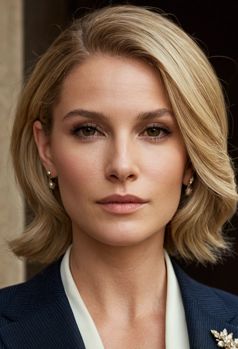 Facial details and skin texture, Pretty woman, Medium blonde hair, suit