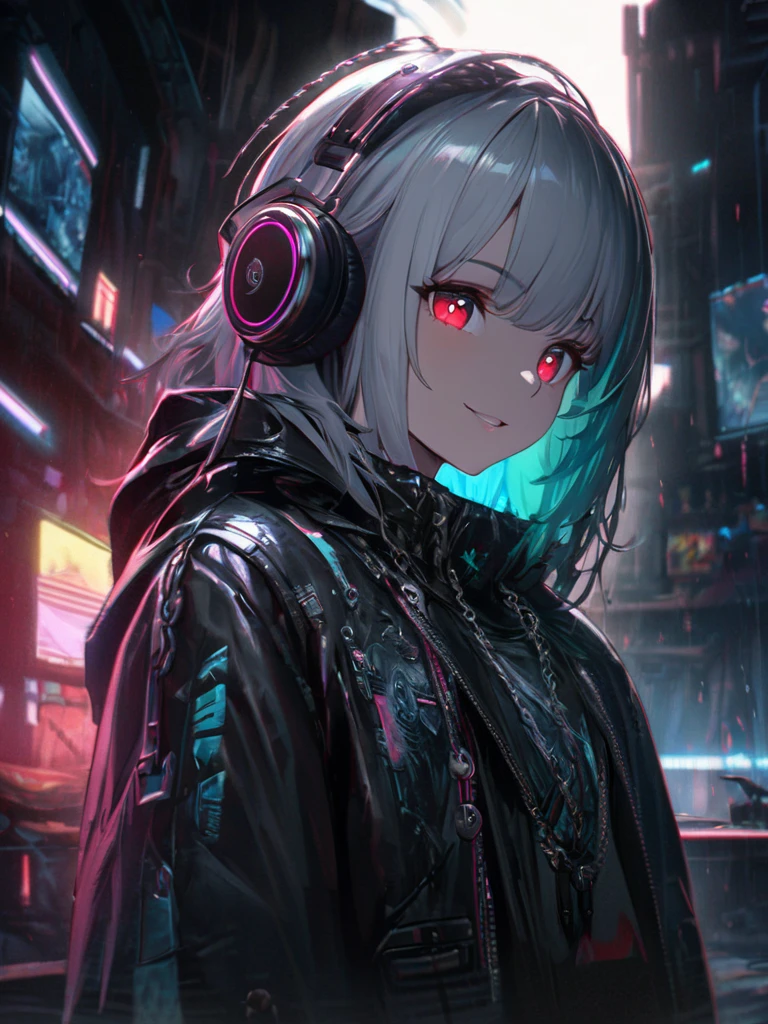 1 girl, chromatic aberration, Written boundary depth, Soft Light, masterpiece, Highest quality, complicated, Tone Mapping, Very detailed, Art Station, Concept Art, Smooth, Clear focus, Dramatic lighting, Very detailed artwork, movie, super practical painting, Art Station's trending, 8k, Incredible Shadows, practical, (Very detailed background:1.0), whole body, View, Viewers, Very detailed portrait of one girl 1, standing on street corner, Heavy rain and lightning、Dark Sky, neon and cyber punk background, she is dressed in punk clothing with silver chains and silver spikes, Her hair was dyed a bright equatorial color....,The central part is also equatorial colored., She is wearing headphones, Detailed red eyes with clear pupils, Ominous aura of light, smile, punk, ciber punk, Backlight、Announcer talking about horses'tail、Eye color is brown、Hair is short bob