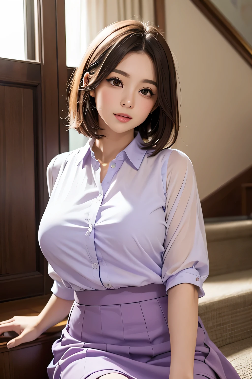 One Woman, alone, middle aged, Beautiful middle aged woman、I could see the whole body、 ((short hair)), ((Brown eyes, Beautiful eyelashes, Realistic eyes)), ((Detailed face, blush:1.2)), ((Smooth texture:0.75, Realistic texture:0.65, Realistic:1.1, Anime CG style)), ((Glamorous Body)),((Big Breasts)), Dynamic Angle, Perfect body, ((Light purple transparent blouse, Red Skirt))、(Hotel stairs)、that'the wind is strong、(Very embarrassing panic smile)、I can see her panties peeking out right in front of me.., Angle looking up from the top of the stairs、 (((The wind flipped up her skirt、Your pants are completely visible..、Pink floral panty star piece, Highest quality, High resolution, Pixel Perfect, 8k,))),