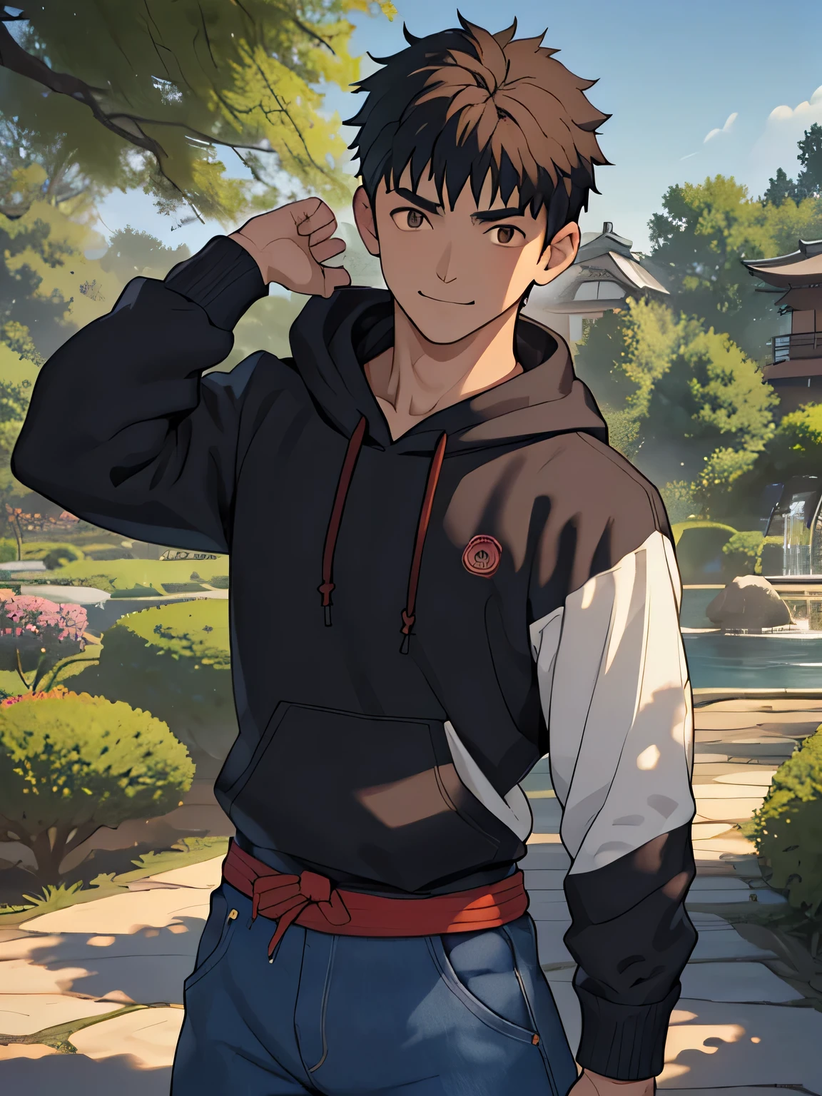 ((masterpiece)), ((best quality)), (ultra-detailed), (((((Garden of Japan house, Not in the shade, Landscape, cowboy shot))))), (8k, ultra-detailed, 1boy, solo, 16 year old boy, worm eyes, Natural smile), Young boy, ((((Height: 168cm, 6.5 heads, baby face, Innocent face, Toned body)))), (Black Short straight hair, brown eyes), Vivid colors, ((A loose fitting plain hoodie, The sleeves reach to the elbows), Denim trousers)
