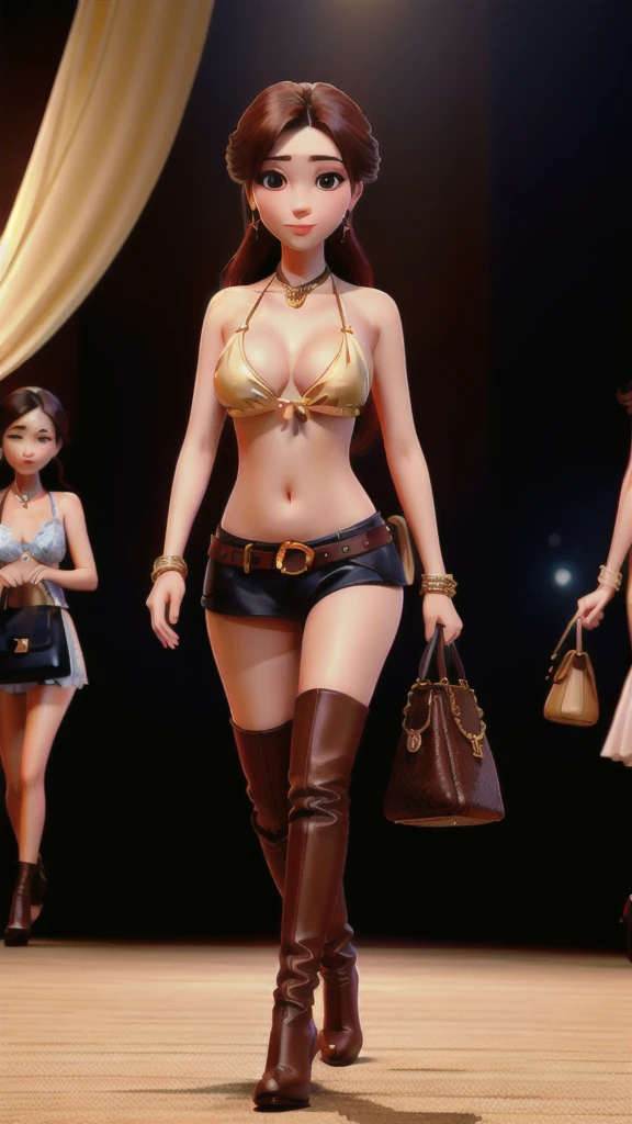 there are three women walking down the runway together, trending on cgstation, fashion gameplay screenshot, trending at cgstation, very detailed and rich clothing, nico robin, luxury item showcase, game cg, tifa, glamorous tifa lockheart, photorealistic perfect body, high detail iconic character, tifa lockhart, highly detailed characters, highly detailed scene