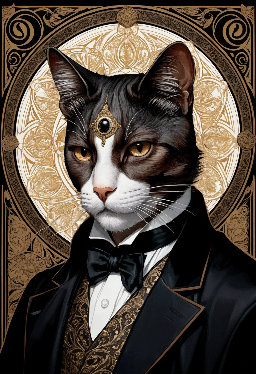 (absurd, High resolution, Super detailed), 1 male, black eyes, Brown hair, erudite temperament, all black formal wear, victorian clothing, black cape, (cold beauty: 1.2), feline temperament, adult, elegant, thin man, wide shoulders, Fine eyes and detailed face., tonto arot card, tonto, clown, Symbolism, visual untils, hidden, universal, visual projection, philosophy, iconography, Numerology, pop, until, Alfonse Mucha