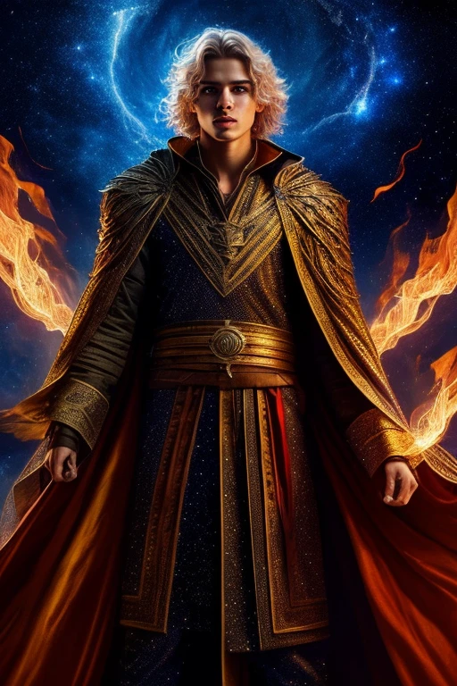 A 20 year old male wizard in a starry night sky robe, conjuring powerful fire magic, detailed facial features, dramatic pose, glowing fire effects, cinematic lighting, fantasy art, vibrant colors, digital painting, intricate details, epic scale, masterpiece
