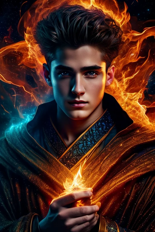 A 20 year old male wizard in a starry night sky robe, conjuring powerful fire magic, detailed facial features, dramatic pose, glowing fire effects, cinematic lighting, fantasy art, vibrant colors, digital painting, intricate details, epic scale, masterpiece