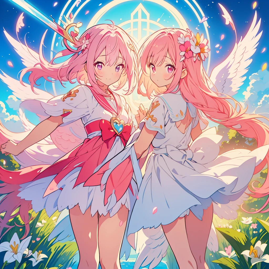 kawaii, anime, Cute, hyper quality, highly detailed, 8k, Clarity, A girl with bright pink smooth short hair and scarlet eyes., Hold cupid's bow, Detailed facial expressions, lily flower field, Close one eye and wink, pure, kindness, trust, soft smile, angel wings on the back, heaven, heaven, happiness, feeling of happiness, magic effect, angel wings dance, rainbow color effect, iris effect, light atmosphere, sky temple, highlight on eyes, Halo, iris arc, Expanding perspective, Holding a pink bow and arrow with a heart motif, Pose with movement, white lily garden, lily petals dance, heart bow and arrow, shoot a bow, angel costume, celestial maiden costume, close your legs and jump,