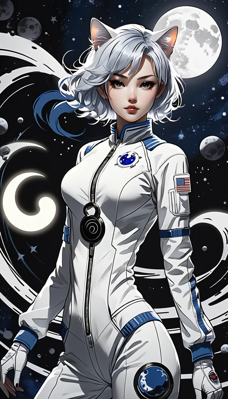 (Pencil_Sketch:1.2、Messy Lines、grayscale、Traditional Media、sketch)、girl、Striped Hair、Striped Hair、Blue and white porcelain space suit、Black and white yin yang tai chi background、Gang Girl、Backlight、Deep Shadow、Cat silhouette light、Attractive space suit designinimalist Style、yin yang style、Ink splash style background。、Chiaroscuro、Shining Light、Backlight、Motion Lines、Carl Larson、uhd、Anatomically correct、masterpiece、retina、uhd、masterpiece