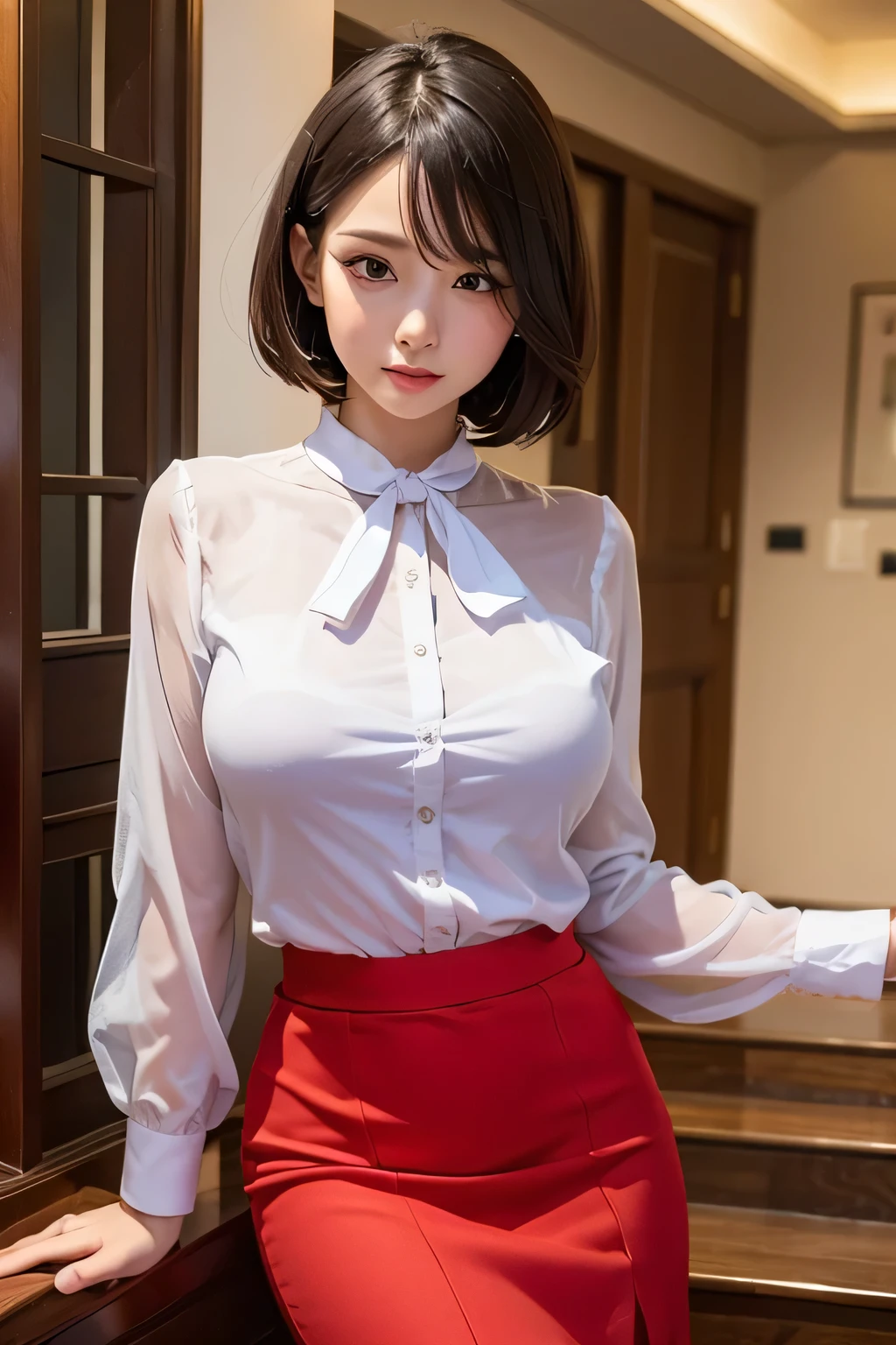 One Woman, alone, middle aged, Beautiful middle aged woman、I could see the whole body、 ((short hair)), ((Brown eyes, Beautiful eyelashes, Realistic eyes)), ((Detailed face, blush:1.2)), ((Smooth texture:0.75, Realistic texture:0.65, Realistic:1.1, Anime CG style)), ((Glamorous Body)),((Big Breasts)), Dynamic Angle, Perfect body, ((Light purple transparent blouse, Red Skirt))、(Hotel stairs)、that&#39;the wind is strong、(Very embarrassing panic smile)、I can see her panties peeking out right in front of me.., Angle looking up from the top of the stairs、 (((The wind flipped up her skirt、Your pants are completely visible..、Pink floral  star piece, Highest quality, High resolution, Pixel Perfect, 8k,))), 