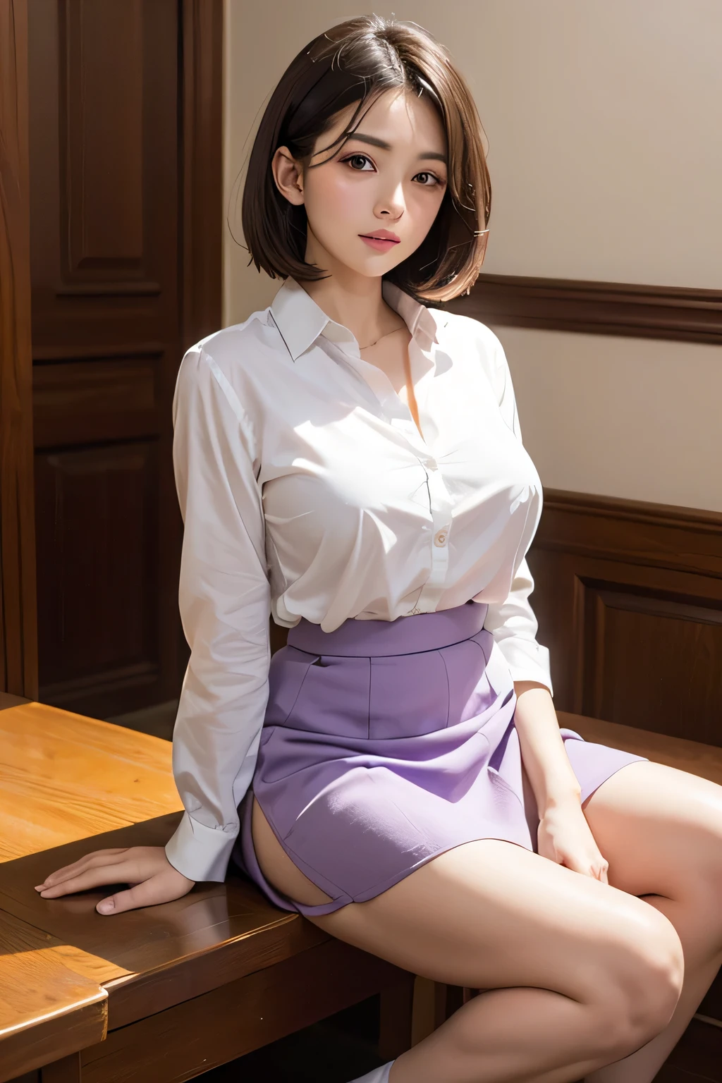 One Woman, alone, middle aged, Beautiful middle aged woman、I could see the whole body、 ((short hair)), ((Brown eyes, Beautiful eyelashes, Realistic eyes)), ((Detailed face, blush:1.2)), ((Smooth texture:0.75, Realistic texture:0.65, Realistic:1.1, Anime CG style)), ((Glamorous Body)),((Big Breasts)), Dynamic Angle, Perfect body, ((Light purple transparent blouse, Red Skirt))、(Hotel stairs)、that&#39;the wind is strong、(Very embarrassing panic smile)、I can see her panties peeking out right in front of me.., Angle looking up from the top of the stairs、 (((The wind flipped up her skirt、Your pants are completely visible..、Pink floral  star piece, Highest quality, High resolution, Pixel Perfect, 8k,))), 