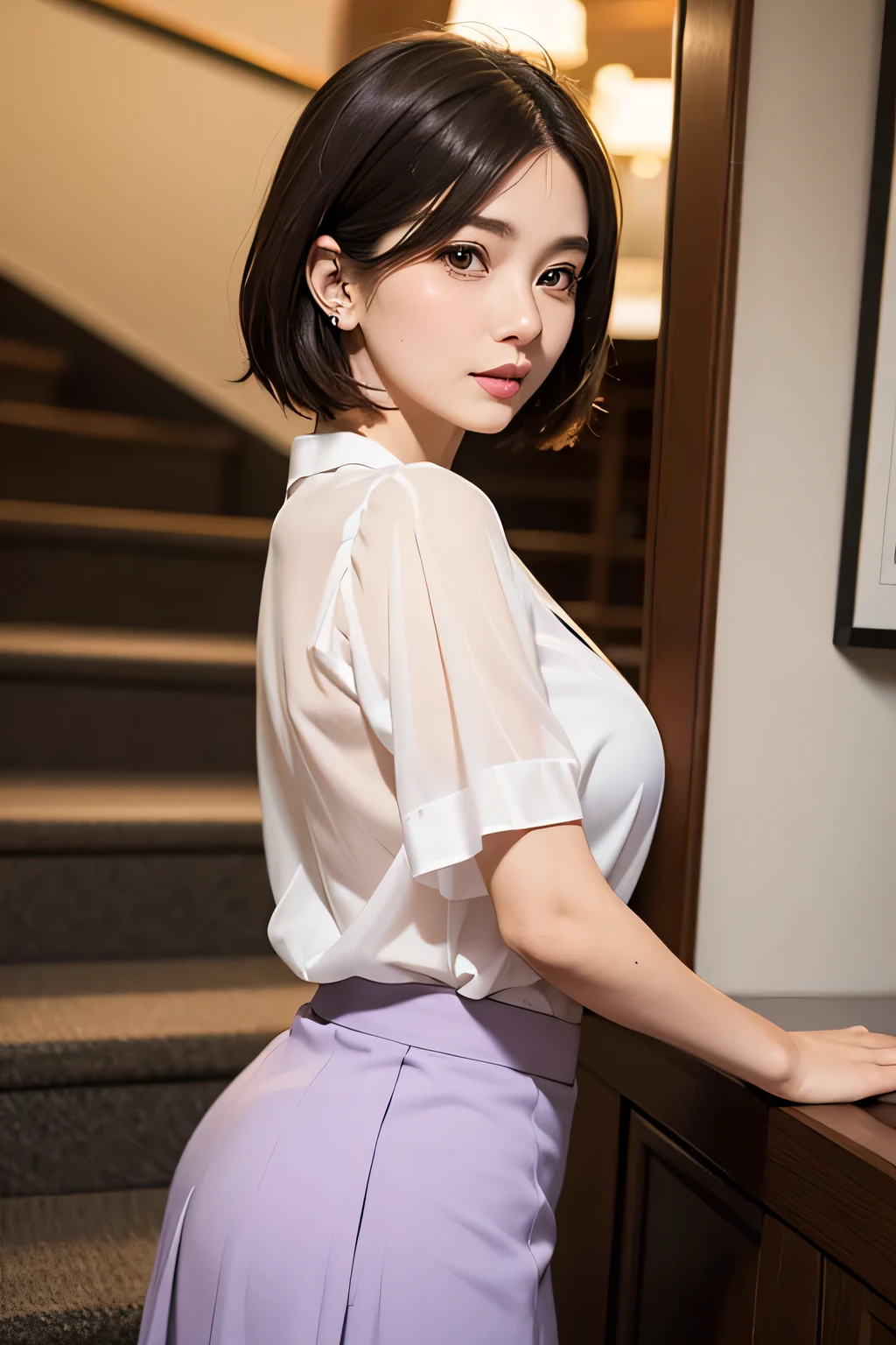 One Woman, alone, middle aged, Beautiful middle aged woman、I could see the whole body、 ((short hair)), ((Brown eyes, Beautiful eyelashes, Realistic eyes)), ((Detailed face, blush:1.2)), ((Smooth texture:0.75, Realistic texture:0.65, Realistic:1.1, Anime CG style)), ((Glamorous Body)),((Big Breasts)), Dynamic Angle, Perfect body, ((Light purple transparent blouse, Red Skirt))、(Hotel stairs)、that&#39;the wind is strong、(Very embarrassing panic smile)、I can see her panties peeking out right in front of me.., Angle looking up from the top of the stairs、 (((The wind flipped up her skirt、Your pants are completely visible..、Pink floral  star piece, Highest quality, High resolution, Pixel Perfect, 8k,))), 