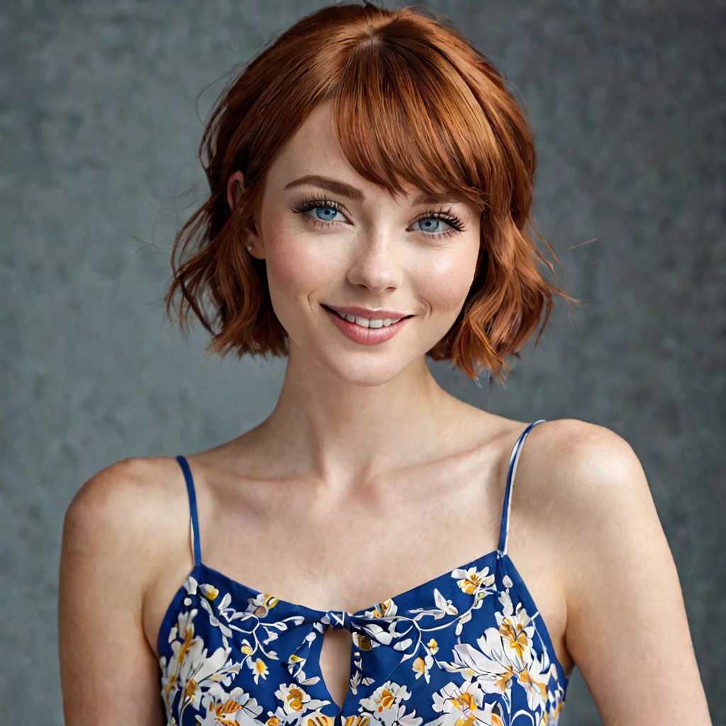 lushill style, Very perfect beautiful American beauty woman, redhead very short straight hair, lighten white skin, short hair bang, beautiful full face, very accurate and precise flawless hands and fingers, beautiful bright blue eyes and strong look up, beautiful full face, looking at the camera, small delicate realistic pattern of the skin, photo-realistic perfect, fresh look, fashion, upper body, very detailed iris, less glare in the eyes, very charming smile, beautiful eyes and heavy make-up, very detailed, perfect face, exactly the same eyes, full length picture, whole head, full length picture, whole head, photorealistic perfect, beautiful smile, photorealistic, realistic skin, natural skin, soft light, darker Background, sharp focus, realistic photoshoot, perfect composition, hairy, Very short straight, curly hair action pose, (masterpiece), best quality