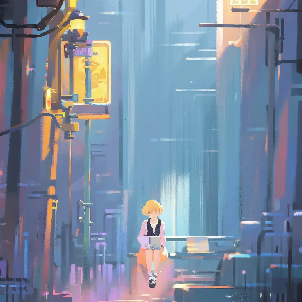Anime style illustration of a woman sitting on a bench in front of a train, satoshi kon artstyle, style of satoshi kon, City Girl Fan Art, by satoshi kon, satoshi kon anime, Digital Art Ilya Kuvshinov, Mirror Edge Art Style, In the style of digital illustration, Anime style digital art, Digital anime illustration, LOFI Girl
