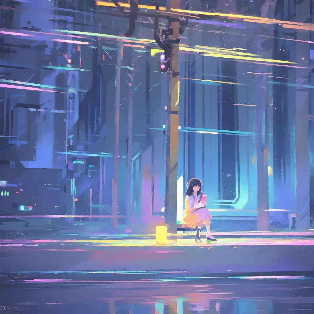 Anime style illustration of a woman sitting on a bench in front of a train, satoshi kon artstyle, style of satoshi kon, City Girl Fan Art, by satoshi kon, satoshi kon anime, Digital Art Ilya Kuvshinov, Mirror Edge Art Style, In the style of digital illustration, Anime style digital art, Digital anime illustration, LOFI Girl