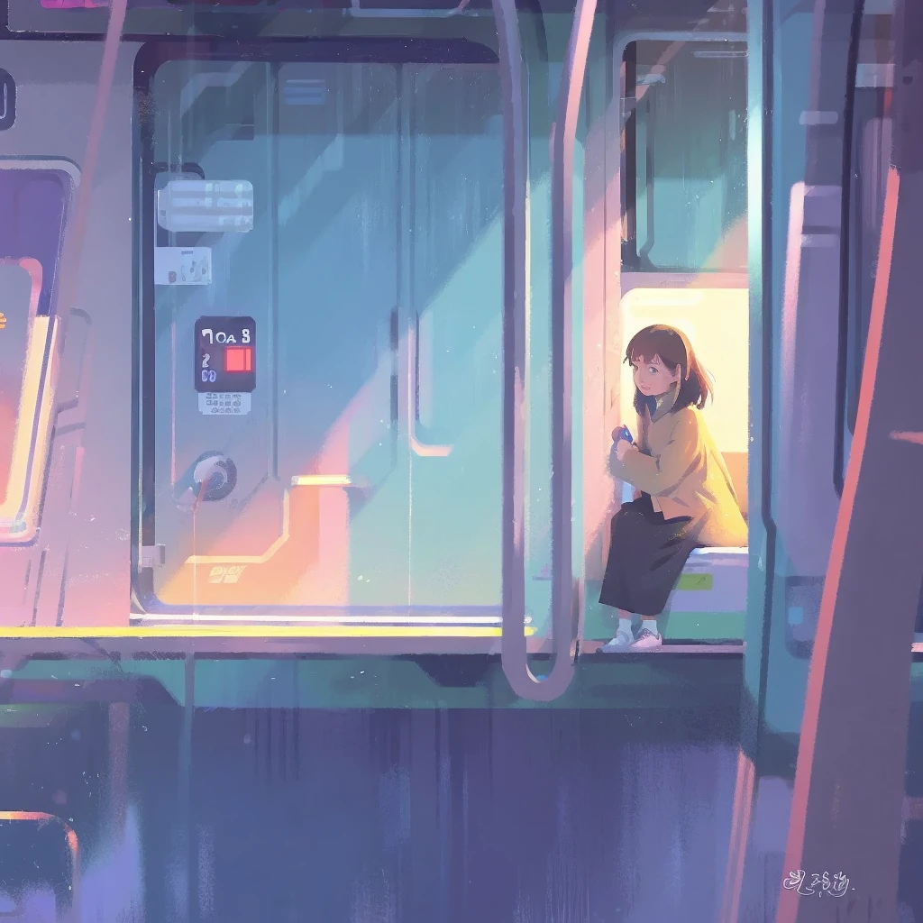 Anime style illustration of a woman sitting on a bench in front of a train, satoshi kon artstyle, style of satoshi kon, City Girl Fan Art, by satoshi kon, satoshi kon anime, Digital Art Ilya Kuvshinov, Mirror Edge Art Style, In the style of digital illustration, Anime style digital art, Digital anime illustration, LOFI Girl