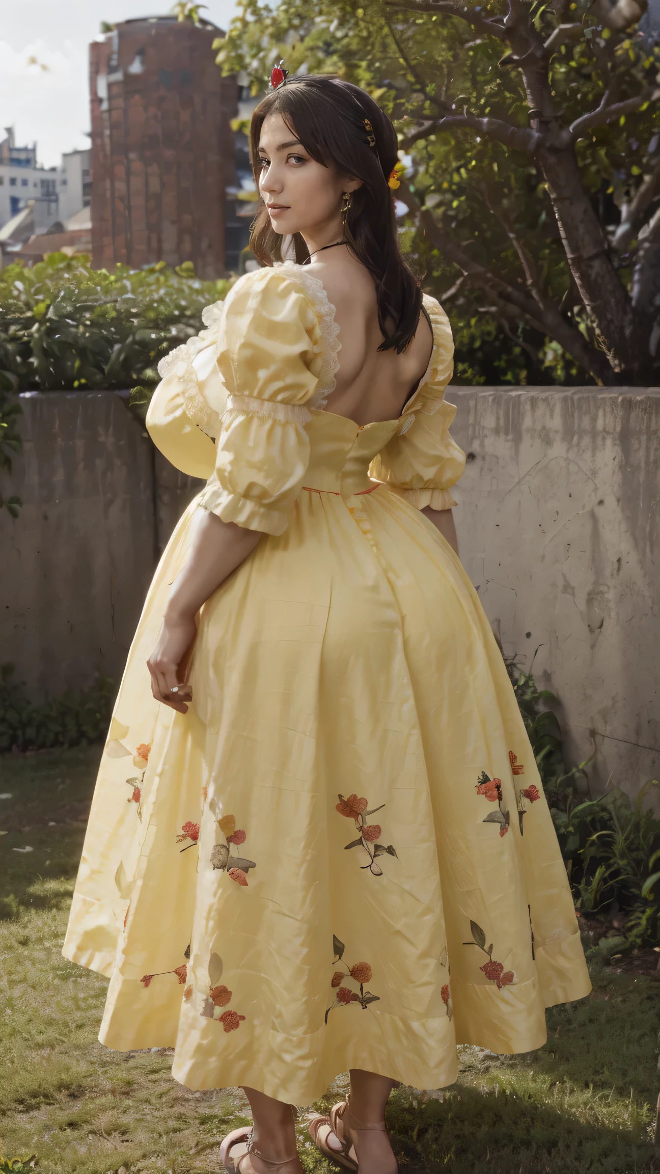 high quality,8K,high resolution, house wife pov from behind,1 personality,tall,realistic texture,Much Muchi,cute smile,one hand on back head,(Plump body 8),(beautiful princess Cinderella, yellow long frock)red and black flower design in frocl (cotton or silk designe),(Cinderella frock) payjamas,transparent gauze, lace lace,(Muchimuchi body 8),(newyork building or garden litchi tree scenery),colorful, beautiful Ruby detailed crown headwear 