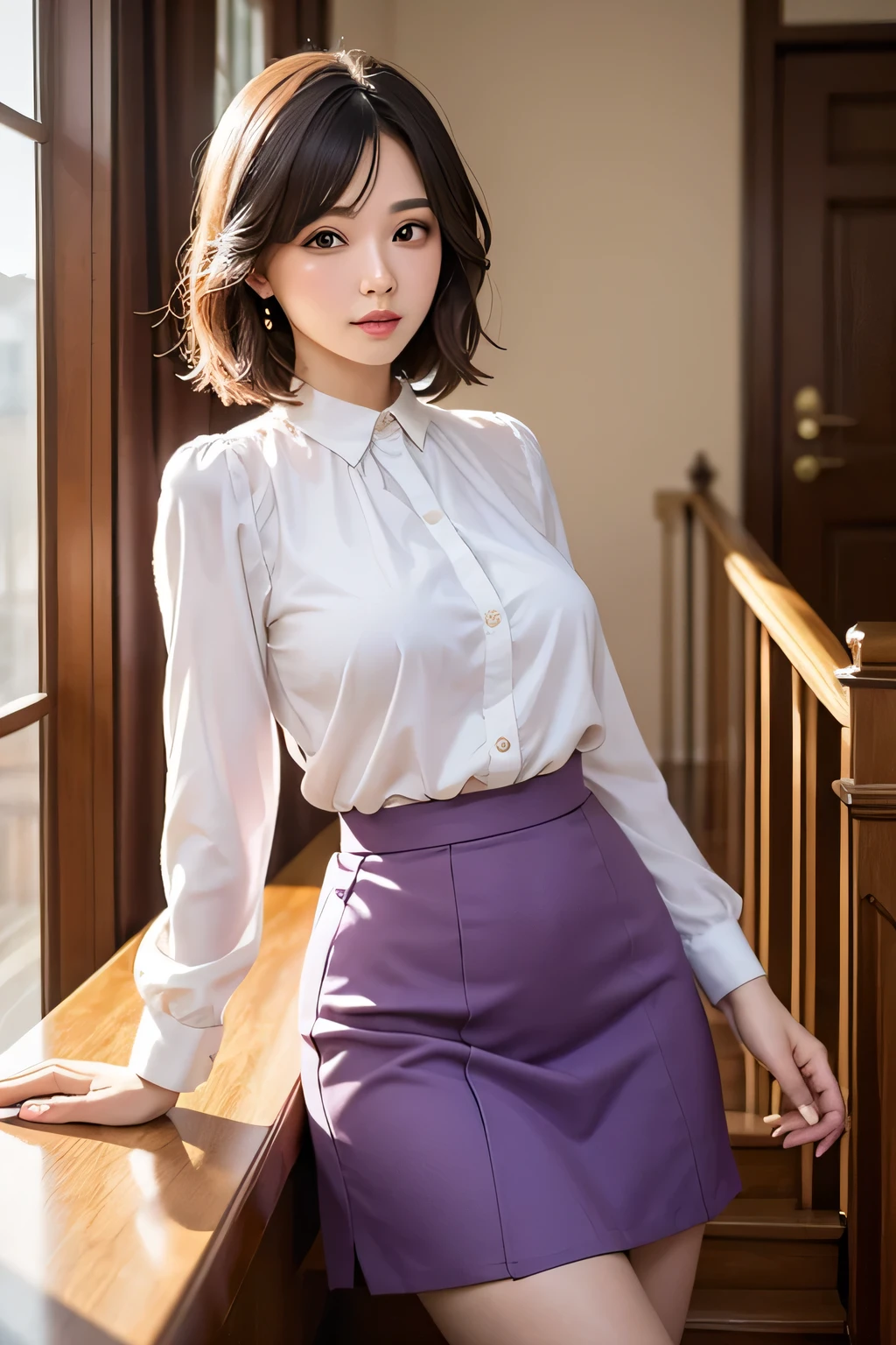 One Woman, alone, middle aged, Beautiful middle aged woman、I could see the whole body、 ((short hair)), ((Brown eyes, Beautiful eyelashes, Realistic eyes)), ((Detailed face, blush:1.2)), ((Smooth texture:0.75, Realistic texture:0.65, Realistic:1.1, Anime CG style)), ((Glamorous Body)),((Big Breasts)), Dynamic Angle, Perfect body, ((Light purple transparent blouse, Red Skirt))、(Hotel stairs)、that&#39;the wind is strong、(Very embarrassing panic smile)、I can see her panties peeking out right in front of me.., Angle looking up from the top of the stairs、 (((The wind flipped up her skirt、Your pants are completely visible..、Pink floral panty star piece, Highest quality, High resolution, Pixel Perfect, 8k,))), 