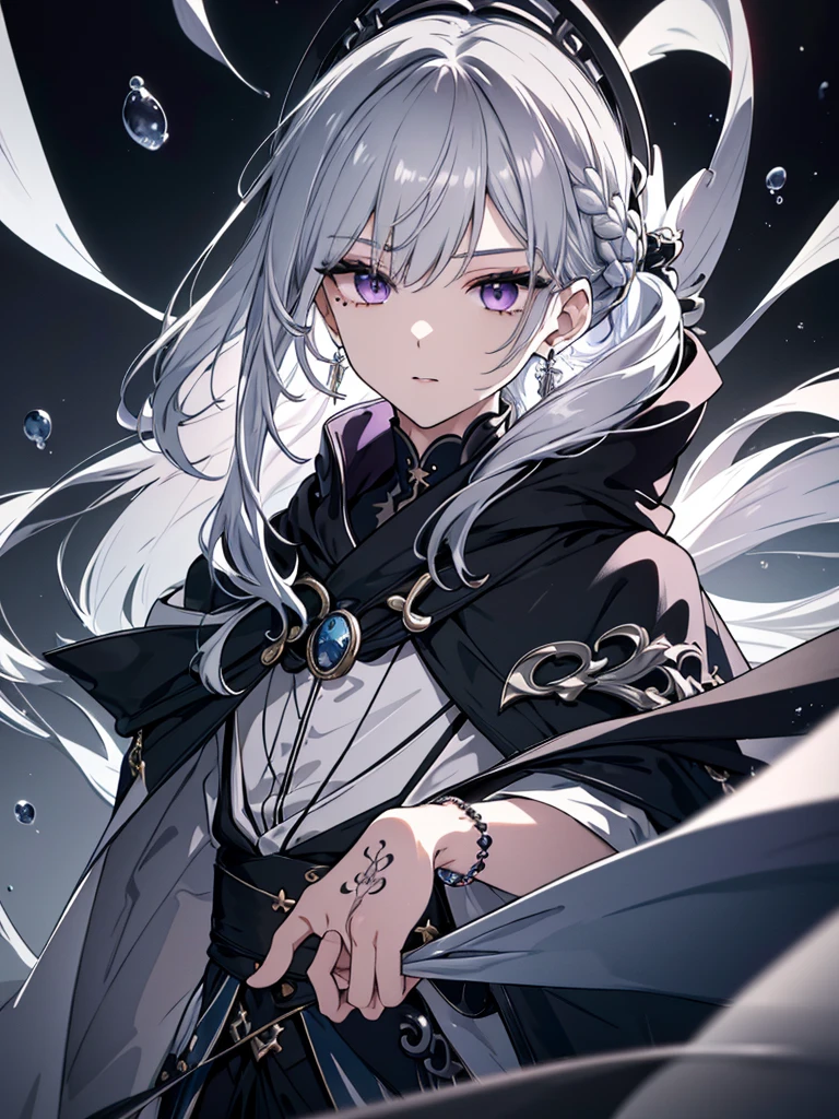 8k,High resolution RAW color art,Anime Art, (((Very detailed and cool))), Detailed skin, Blur、texture,(Exquisitely crafted, The finer details, Ultra-detailed art), (((One boy))), Depth of written boundary, Silky Touch, Hyper Detail, (((Cool face))), eye shadow、Silver Marble Skin, Beautifully detailed purple eyes, Beautiful lip detail, Very delicate face, Delicate depiction of hair and eyes, Detailed Fashion, Silver earrings,Silver Bracelet、Full body depiction, Black high neck、black waist cloak、 A little bit of grey hair、Semi-long hair、(((Hair)))、water surface、silk clotheatte、Soft clothes