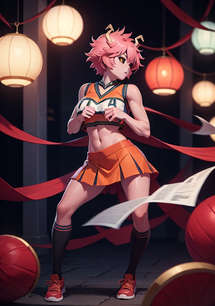 mina ashido, 1girl, solo, looking at viewer, short hair, simple background, yellow eyes, pink hair, horns, colored skin, colored sclera, black sclera, pink skin, U.A. CheerUniform, orange skirt, (bare belly), perfect shading, bare shoulders, big breasts