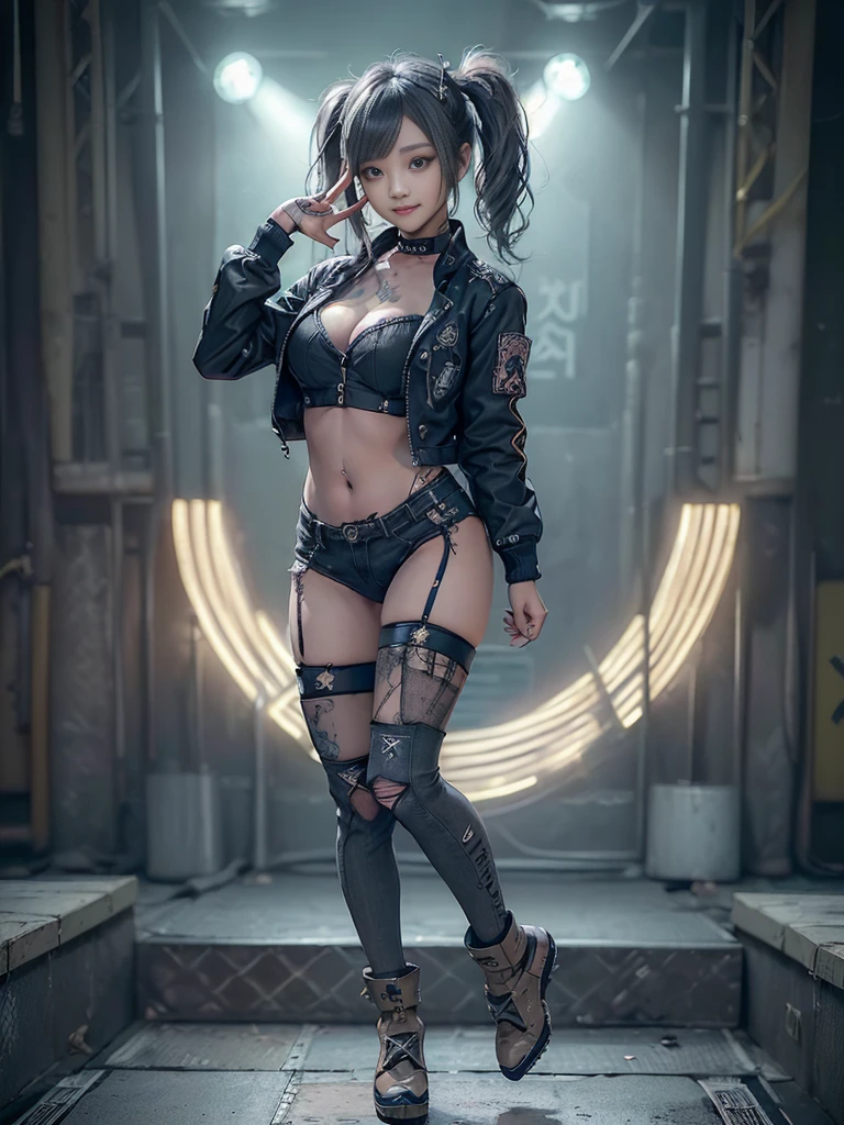 (Full body image:1.3)、(Side view:1.1)、(Smiling with teeth showing:1.3),(Shibuya Gal:1.5)、(Hostess costume:1.4)、(Neo-Goth Fashion:1.4)、(Punk rock visual kei:1.4)、(Modern khaki short jacket, Turquoise and Charcoal:1.5)、(Tattered brown, Charcoal and navy denim bodysuit:1.5)、(Mustard yellow headband:1.3)、(Charcoal and khaki striped knee socks:1.4)、collar、White Long Boots、(We sell patterned underwear with logos.:1.4)、20-year-old、Browsing Caution,((Highest quality、In 8K、masterpiece:1.3))、Sharp focus:1.2、(Layered Cut、Huge boobs:1.1),Beautiful woman with perfect figure:1.4、(Doing an aerobics pose:1.3)、(Leg spread:1.3)、(Raise your arms:1.2)、(Open your legs:1.3)、Slim Abs:1.2、Butt、Highly detailed face and skin texture、Detailed eyes、double eyelid,(Twin tails:1.3)、(Dark gray hair:1.3)、Dynamic pose、Obscene pose、Humiliating pose、Idol Sculpture、(A gorgeous and sunny fashion show stage:1.3)、(Slimming your legs:1.4)、(The body is slim:1.3)、(clavicle:1.1)