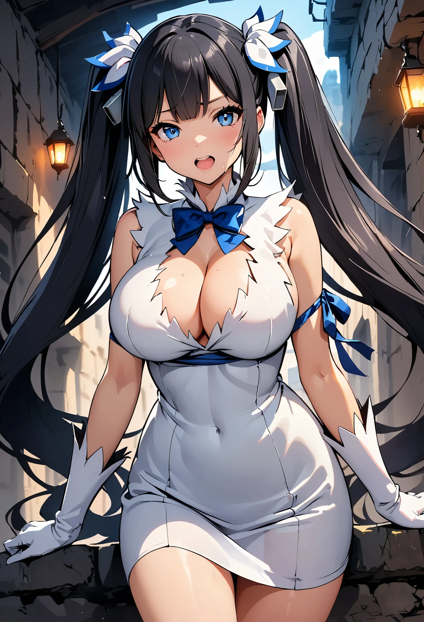 (Highest quality:1.24, Very detailed, Anime Style, Detailed illustrations, High detail, masterpiece:1.2, Highest quality, Best aesthetics), (((1 Girl))), (hestia (danmachi), breasts, long hair, blue ribbon, twintails, gloves, ribbon, dress, Rei no himo, large breasts, Blue eyes, black hair, white gloves, cleavage, white dress, hair ribbon, bow, sleeveless, sleeveless dress, bangs, cleavage cutout, hair ornament, bowtie, clothing cutout, very long hair, arm ribbon), Open your mouth, Big Breasts, Dungeon Background.