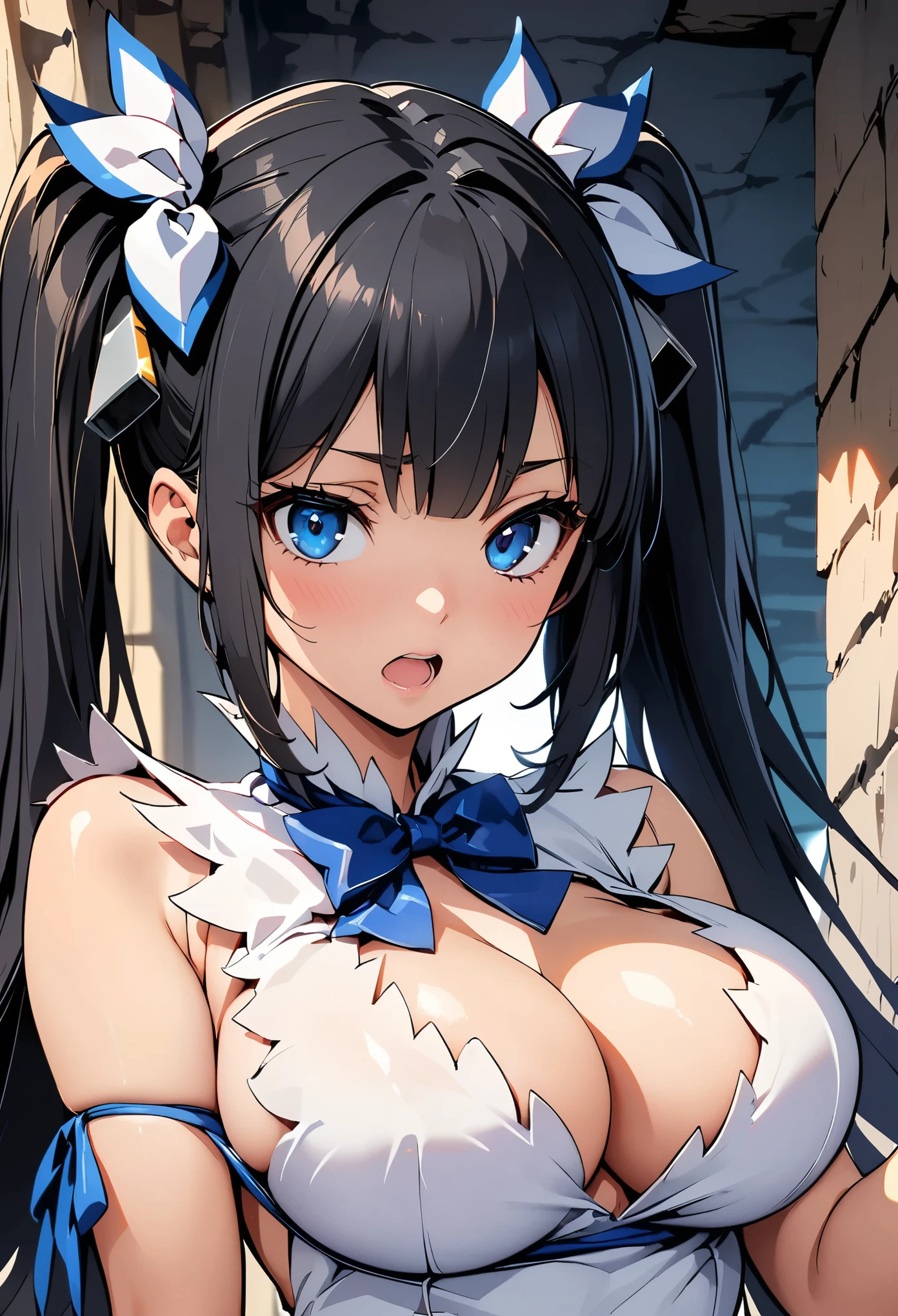 (Highest quality:1.24, Very detailed, Anime Style, Detailed illustrations, High detail, masterpiece:1.2, Highest quality, Best aesthetics), (((1 Girl))), (hestia (danmachi), breasts, long hair, blue ribbon, twintails, gloves, ribbon, dress, Rei no himo, large breasts, Blue eyes, black hair, white gloves, cleavage, white dress, hair ribbon, bow, sleeveless, sleeveless dress, bangs, cleavage cutout, hair ornament, bowtie, clothing cutout, very long hair, arm ribbon), Open your mouth, Big Breasts, Dungeon Background.