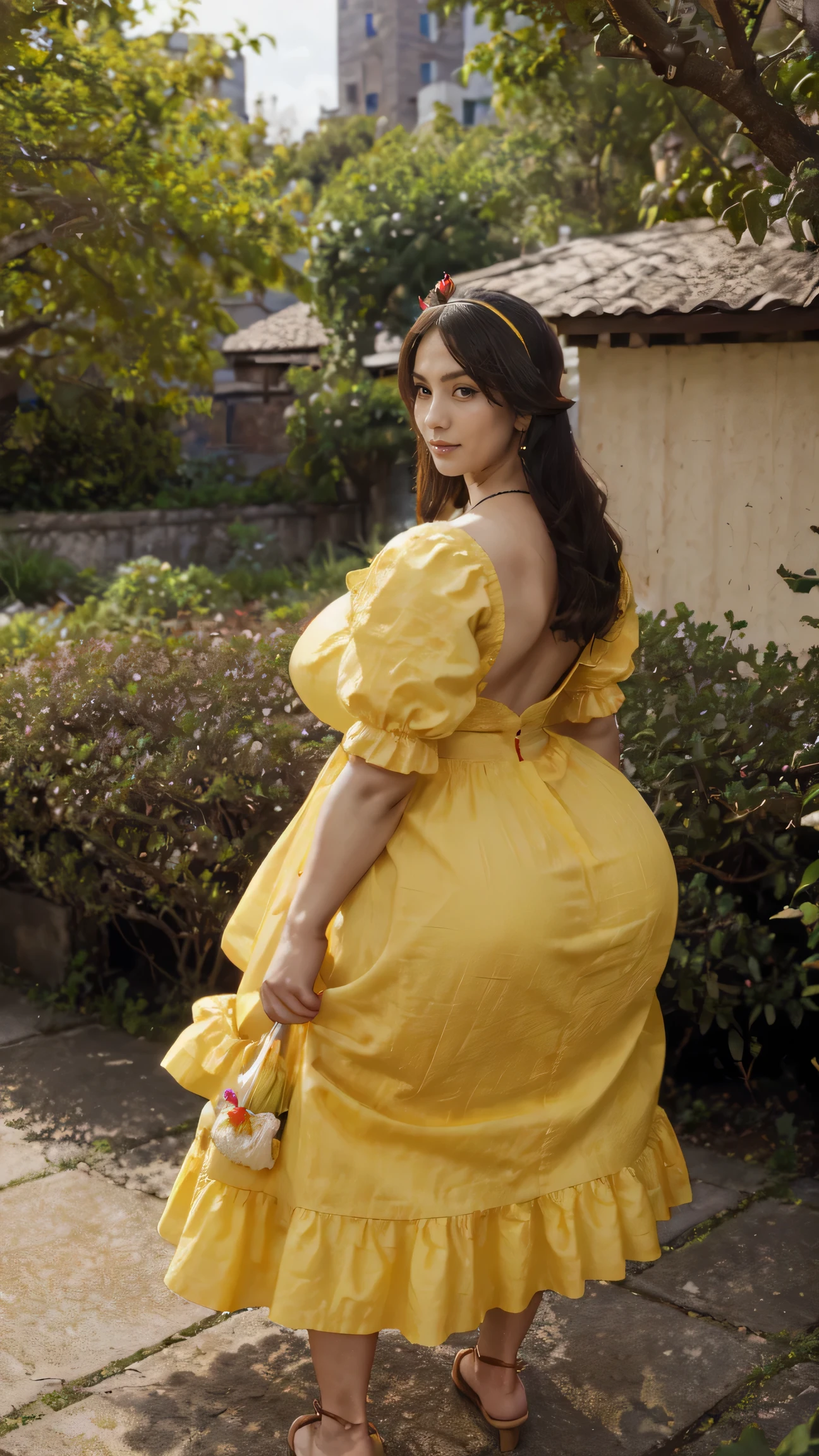 high quality,8K,high resolution, house wife pov from behind,1 personality,tall,realistic texture,Much Muchi,cute smile,one hand on back head,(Plump body 8),(beautiful princess Cinderella, yellow long frock)red and black flower design in frocl (cotton or silk designe),(Cinderella frock) payjamas,transparent gauze, lace lace,(Muchimuchi body 8),(newyork building or garden litchi tree scenery),colorful, beautiful Ruby detailed crown headwear 