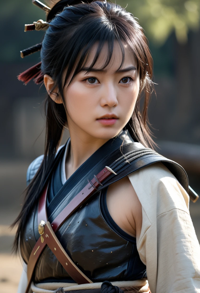 (best quality:1.4),(masterpiece:1.4),(photorealistic:1.4),(Realistic:1.2),(ultra high res, raw photo:1.4),(hdr, hyperdetailed:1.2),(8K:1.2),cinematic photo,photo of black hair,1girl,solo,wearing ,((Japanese Female Warrior))、((Upper Body:1.3))