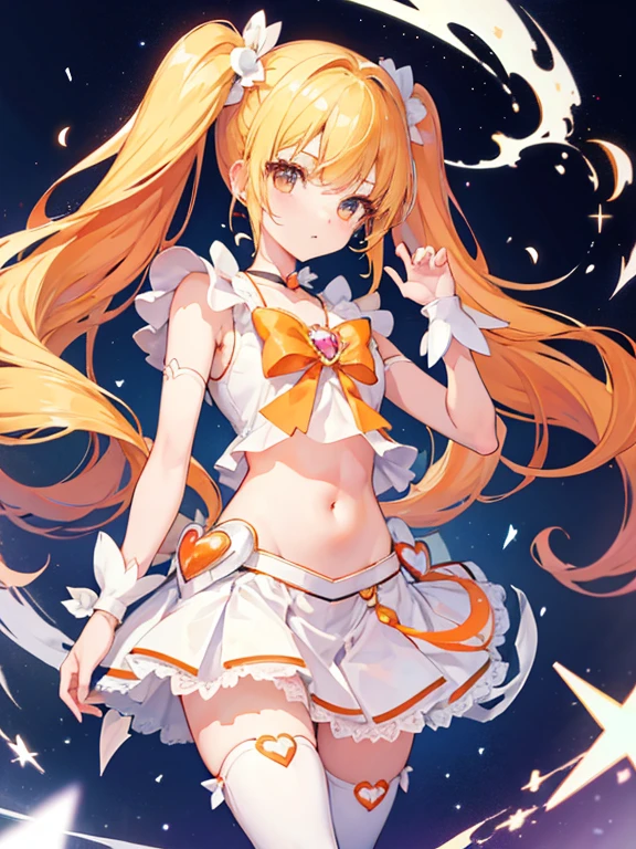 Masterpiece, high quality, 1 girl, blonde, twintails, long hair, white sleeveless, white miniskirt, magical girl, precure, orange ribbon, orange choker, heart brooch, navel,small breast,knee-high boots, wrist cuff,