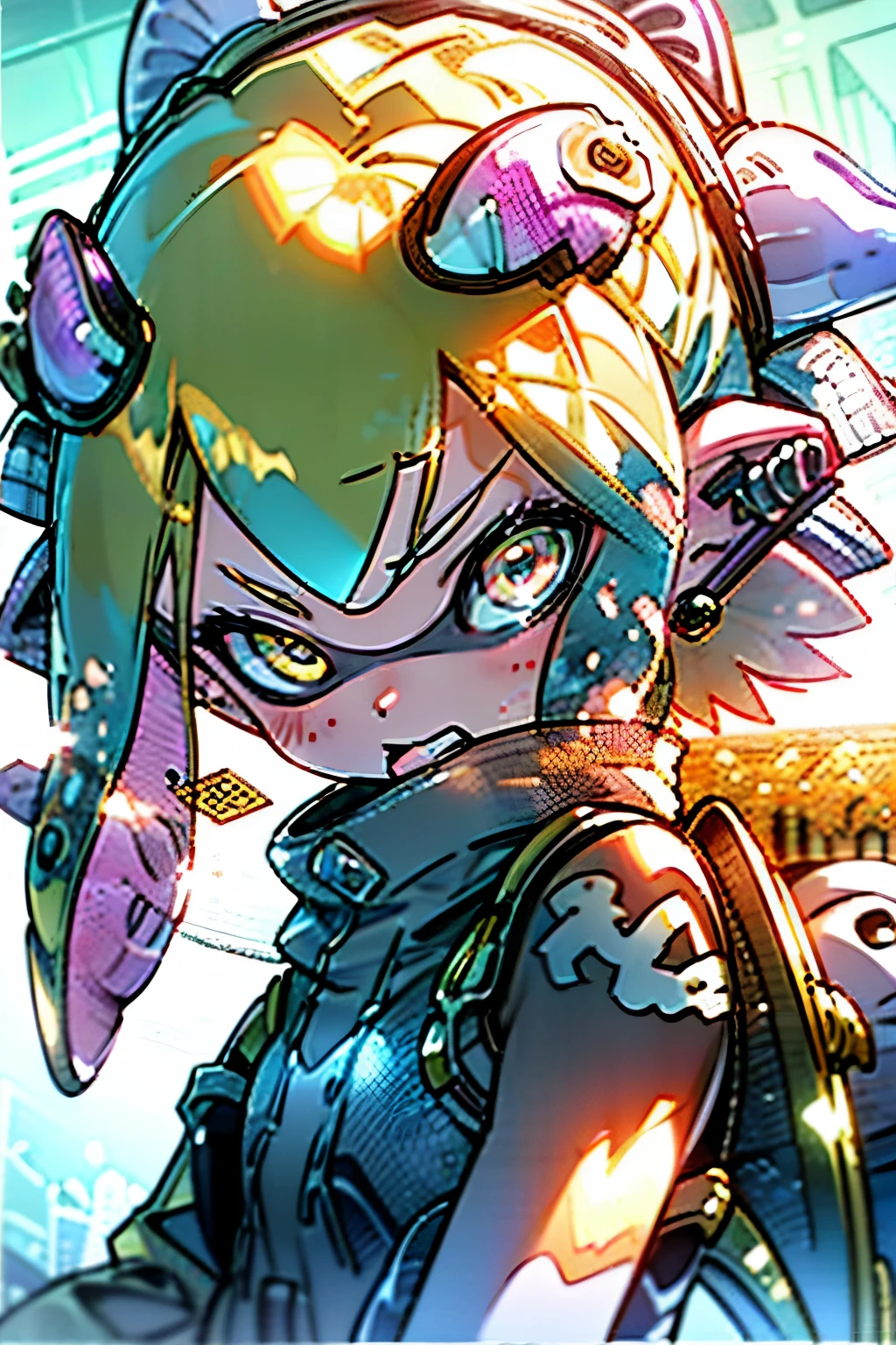 Splatoon Girl、pink, tongue，Gal，Earrings，pink, Animal ears, tattoo、High resolution、Golden Eyes、