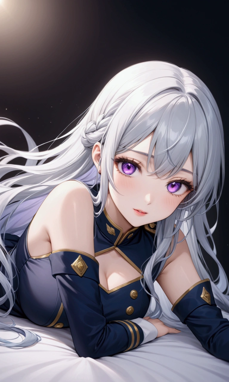 Highest quality、Delicate depiction、Beautiful woman、Silver Hair、Long Hair、Amethyst Eyes、Blue-gray military uniform、