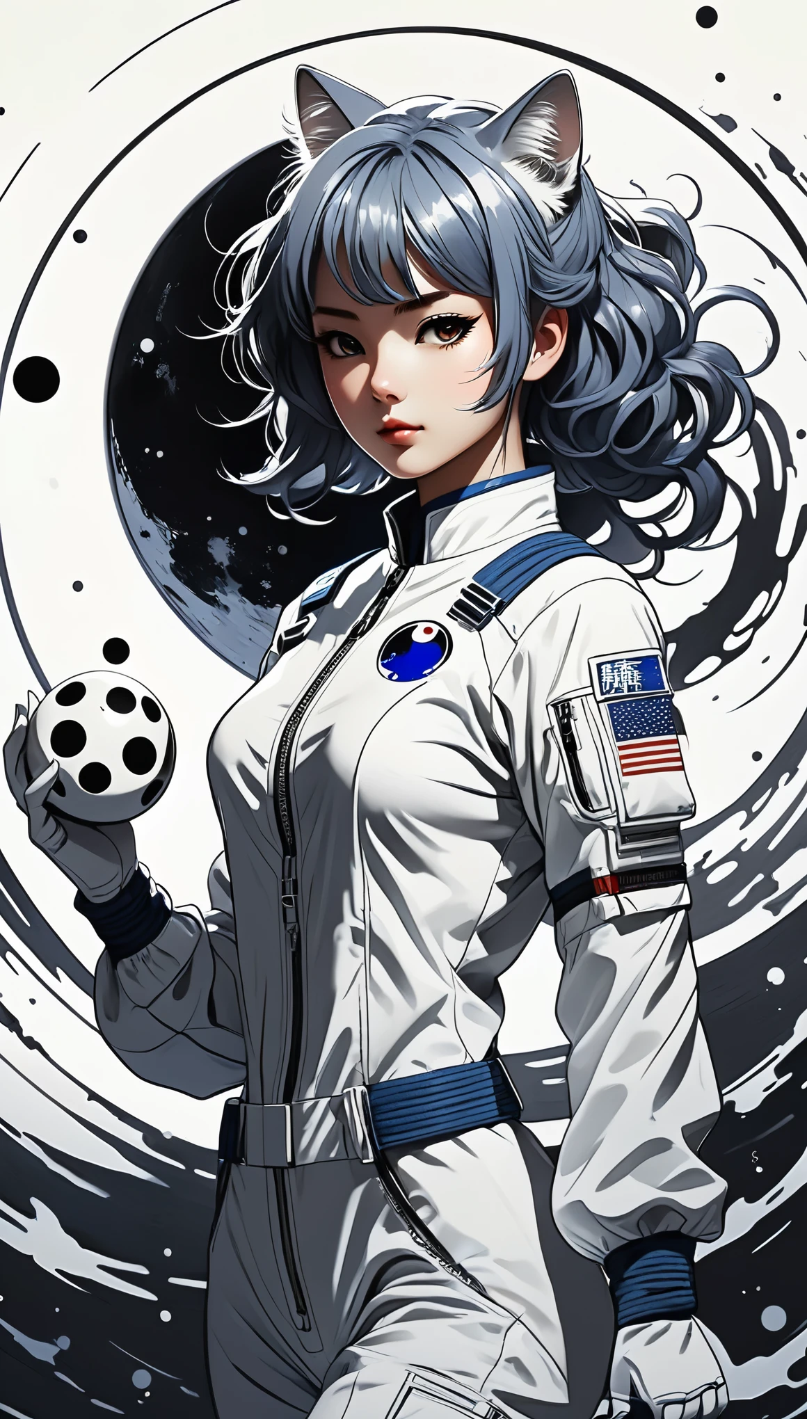 (Pencil_Sketch:1.2、Messy Lines、grayscale、Traditional Media、sketch)、girl、Striped Hair、Striped Hair、Blue and white porcelain space suit、Black and white yin yang tai chi background、Gang Girl、Backlight、Deep Shadow、Cat silhouette light、Attractive space suit designinimalist Style、yin yang style、Ink splash style background。、Chiaroscuro、Shining Light、Backlight、Motion Lines、Carl Larson、uhd、Anatomically correct、masterpiece、retina、uhd、masterpiece