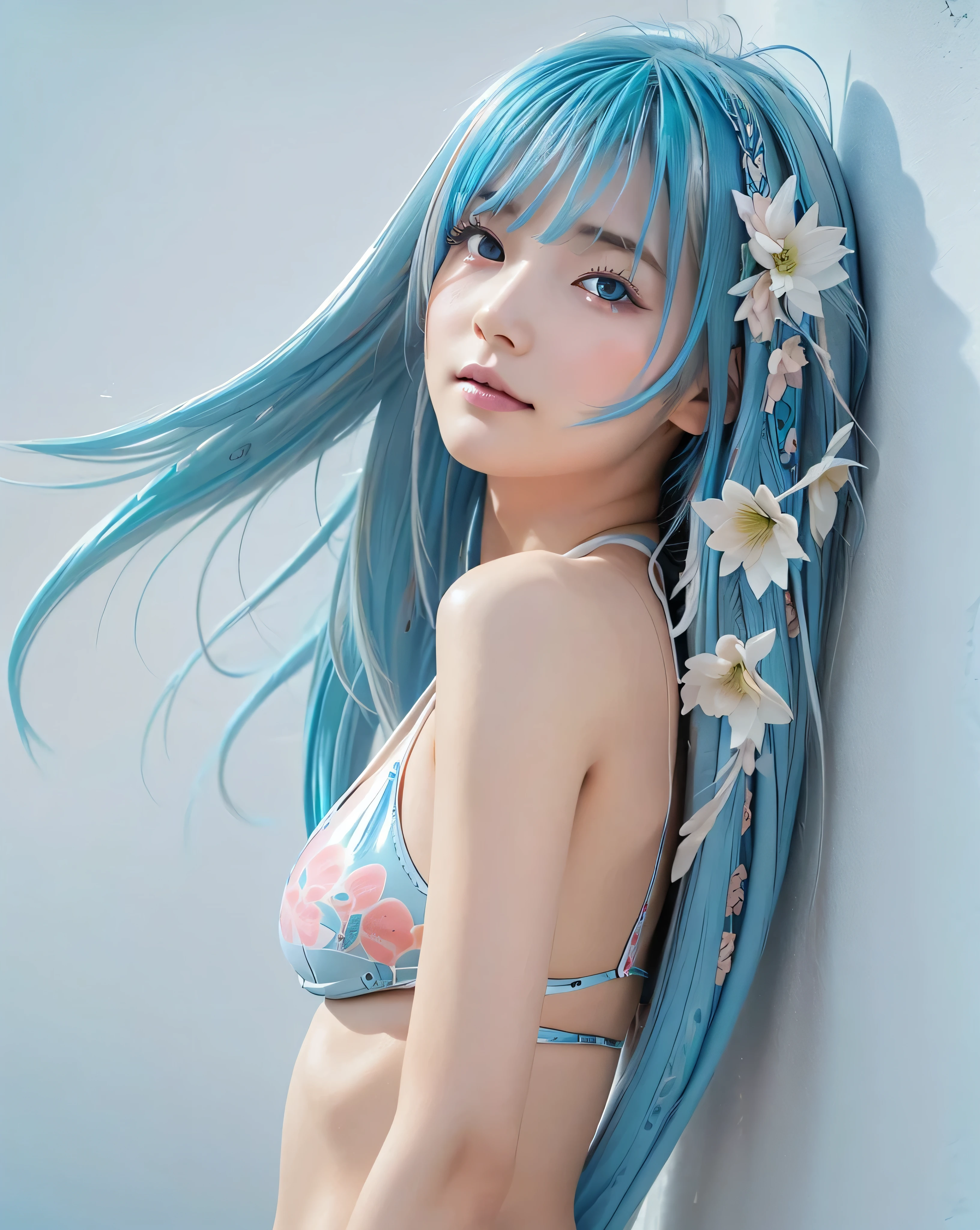 photograph, Evoking a sense of calm and elusive beauty, Expressing emotions, Have a rich imagination, A flower field that stretches to the horizon, Beautiful Japanese Girls, ((Low - Angle:1.4)), An exceptionally beautiful face, Small Face Beauty, Perfect Human Anatomy, Magical big eyes, Motherhood and generosity, Deep Love, A fleeting smile, ((Shiny light blue hair:1.5)), Beautiful long hair swaying in the wind, Asymmetrical bangs, Hair between the eyes, Transparent, soft white skin, Sharp eyebrows, Thin lashes, Natural Makeup, Cheek highlighter, Pale pink detailed lips, (Pastel colored patterned bikini:1.4), ((In front of a white wall:1.3)), ((Soft sunlight:1.3)), Professional photographer, Professional Lighting, Professional models, mysterious