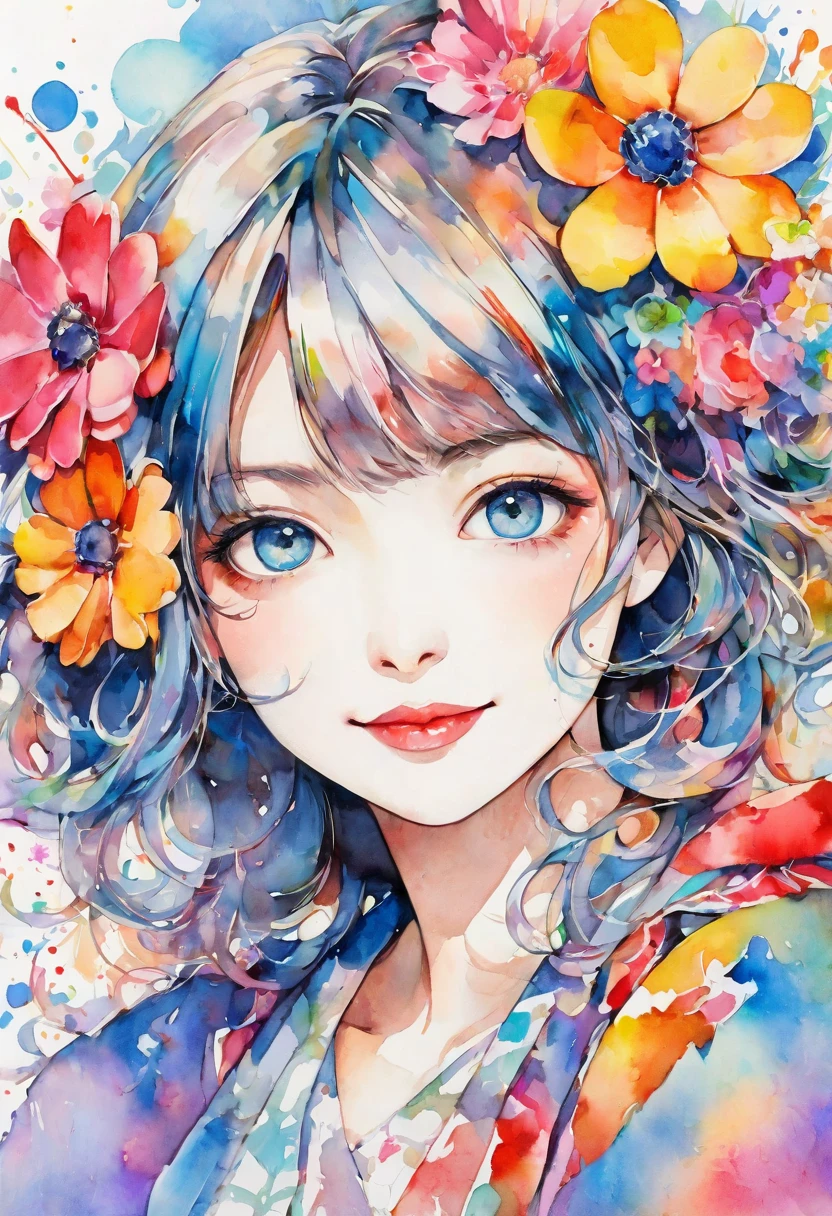 beautiful woman portrait, cute smile, Sylvia Pelissero watercolors, colorful flowers, beautiful eyes, upper body, abstract art, intense watercolor, watercolor detailed art, watercolor splash, surreal, avant-garde pop art, Beautiful and expressive paintings, Beautiful artwork illustration, very colorful tones, wonderful, cool beauty, highest quality, official art, women only, sharp outline, best shot, vector art, lips in love、 (((The strongest beautiful women of all time))), (((Japanese)))、clear, (((highest quality))), lips in love, HDR, ((Detailed details)), stylish fashion, detailed clothing texture, (((graffiti art))), colorful hair, ((masterpiece))、((Super detailed))