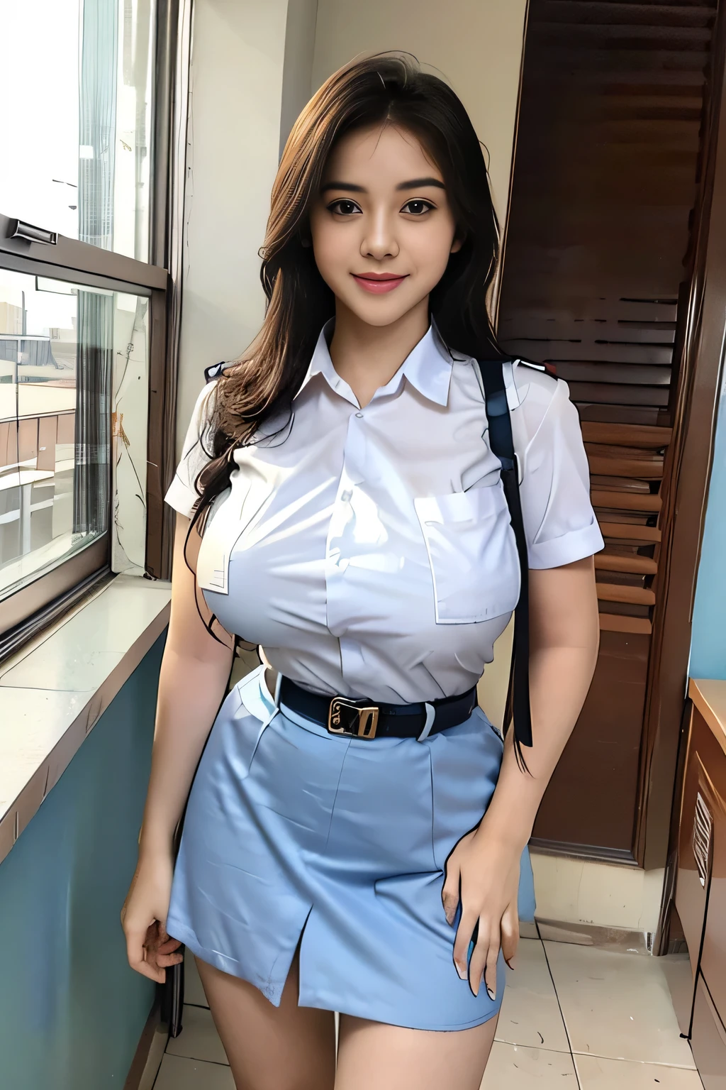 A beauty woman model posing as a student in a classroom, (big breasts:1.5), with a sexy and attractive body. She is wearing a cosplay-style transparent dress uniform, consisting of a plaid mini skirt and a white panty that is dropped slightly. The model is in a sensual and alluring pose, with her legs slightly open. Her expression is a captivating smile. The image is enhanced with vivid colors and a bokeh effect to create a visually stunning artwork.
