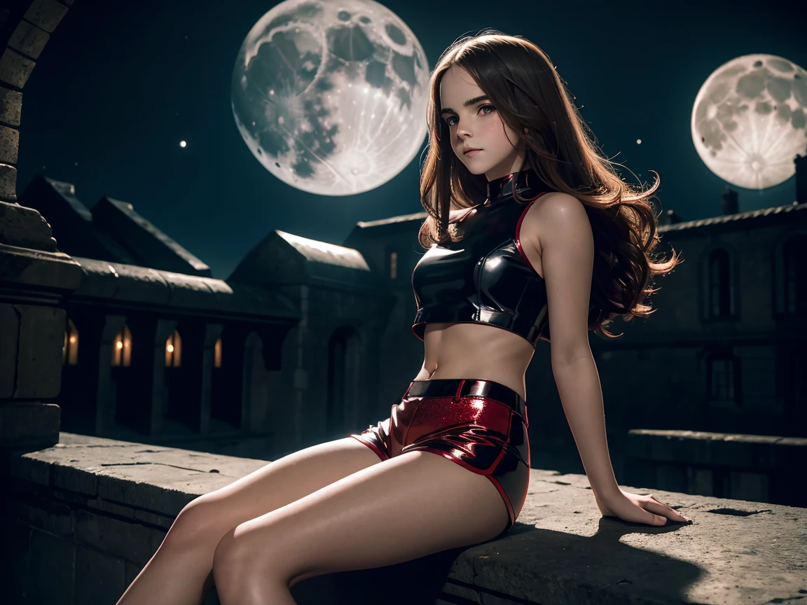 Highly detailed. a sexy beautiful 12 years old Emma Watson. long hair. freckles, gentle smile. red tight intricate sparkly latex shorts, crop top. sitting on wall. dark ambient. background moon. full shot. high heels.