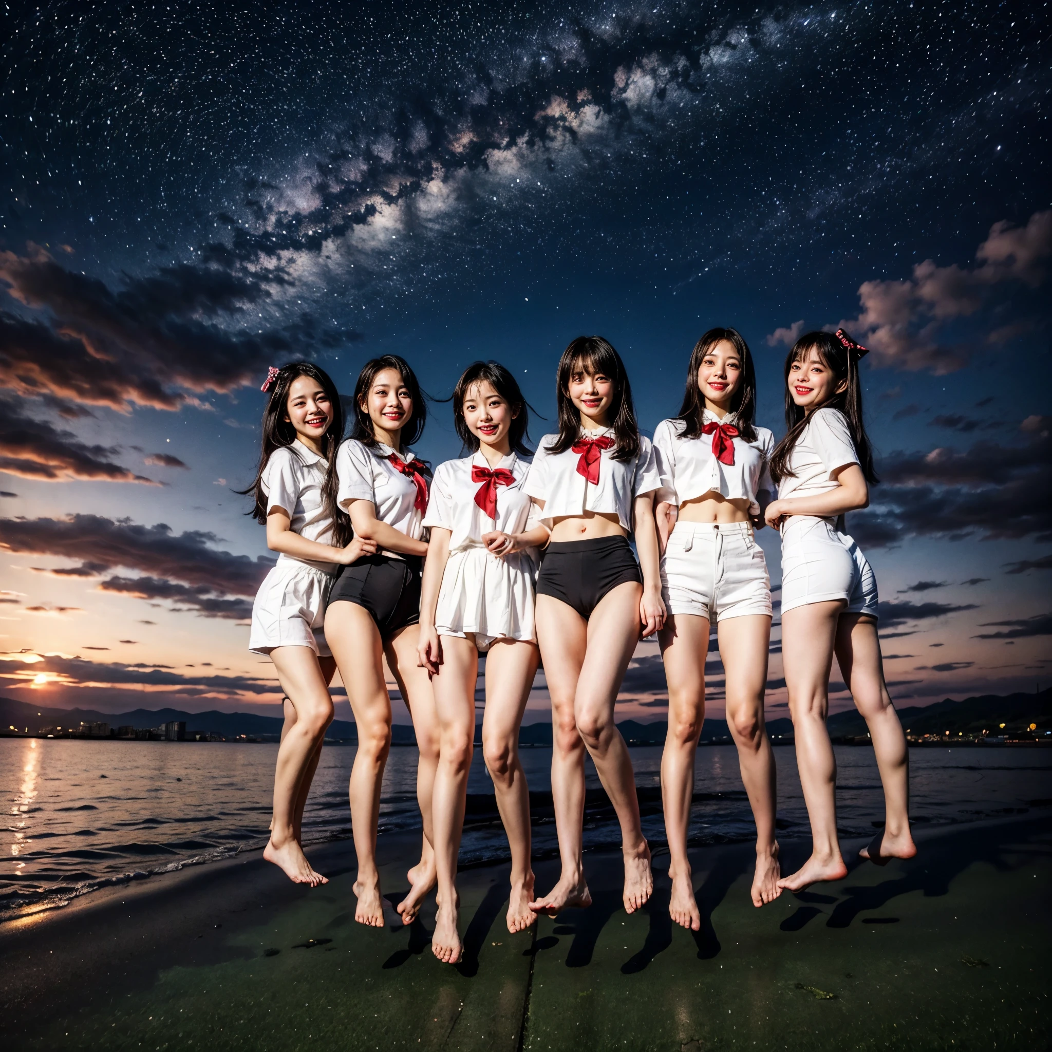 Masterpiece of ProfessionalPhoto ((ExtremelyDetailed (12 PICHIPICHI KAWAII Girls Floating in The Air in a row:1.37) in WHITE at Dusk Enoshima Beach)), {(Standing Full Body:1.2)|(from below:1.2)|Detailed KAWAII face}, Different types of hair colors, {(skinny(school swimwear))|(SchoolUniform)with Skinny AthleticShorts}, {(Corrected Childish hand)|Hidden hand|Different types of breasts|(Clearly Visible the shape of Butt)}, Joyful Expressions LifeLike Rendering, Detailed clothing texture, PerfectLighting, (Dazzling Horizon Visible through ThighGap), (Starry IridescentParticles:1.22) ColorfulClouds