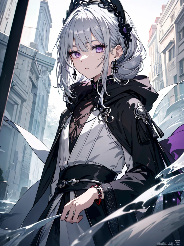 8k,High resolution RAW color art,Anime Art, (((Very detailed and cool))), Detailed skin, Blur、texture,(Exquisitely crafted, The finer details, Ultra-detailed art), (((One boy))), Depth of written boundary, Silky Touch, Hyper Detail, (((Cool face))), eye shadow、Silver Marble Skin, Beautifully detailed purple eyes, Beautiful lip detail, Very delicate face, Delicate depiction of hair and eyes, Detailed Fashion, Silver earrings,Silver Bracelet、Full body depiction, Black high neck、black waist cloak、 A little bit of grey hair、Semi-long hair、(((Hair)))、water surface、silk clotheatte、Soft clothes